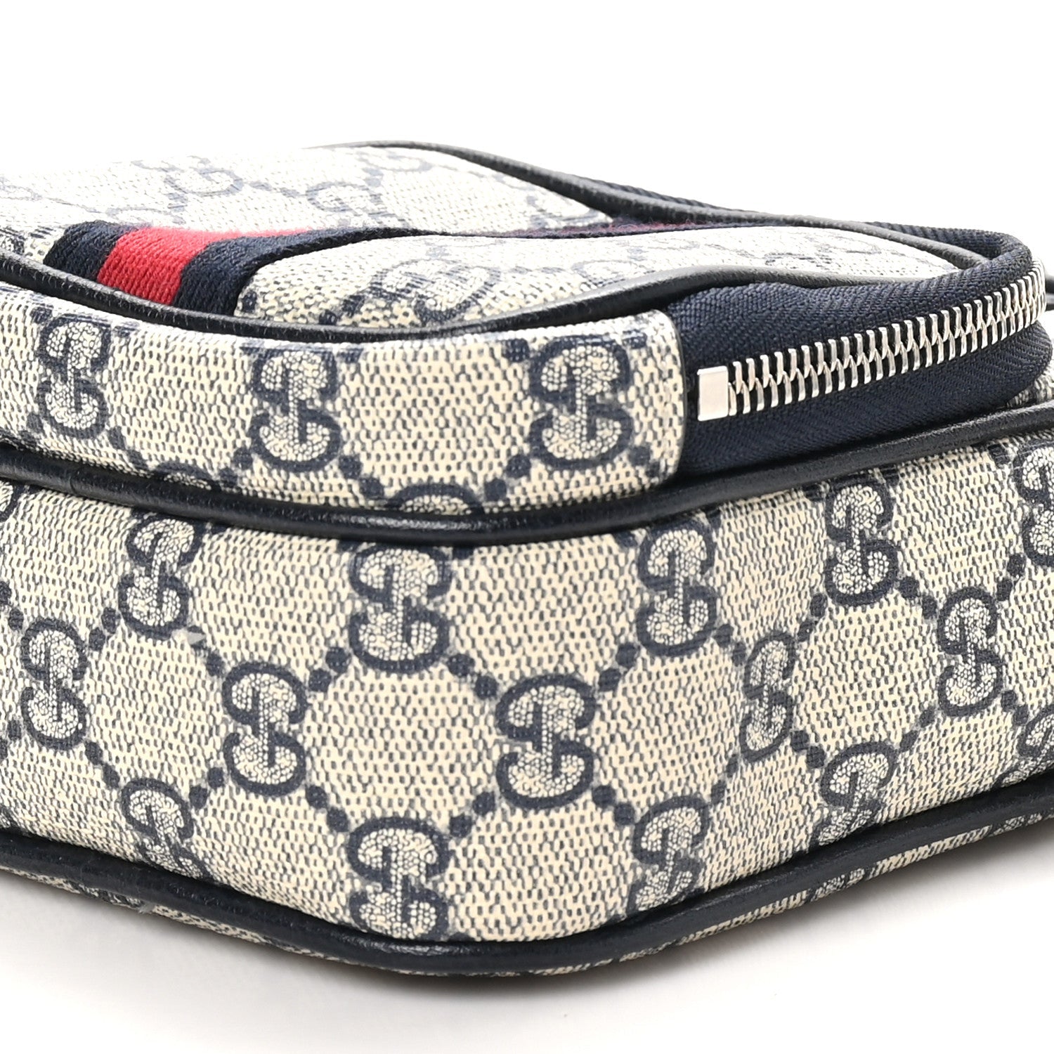 GG Supreme Monogram Textured Dollar Calfskin Web Mini Ophidia Double Zip Messenger Bag Beige Blue