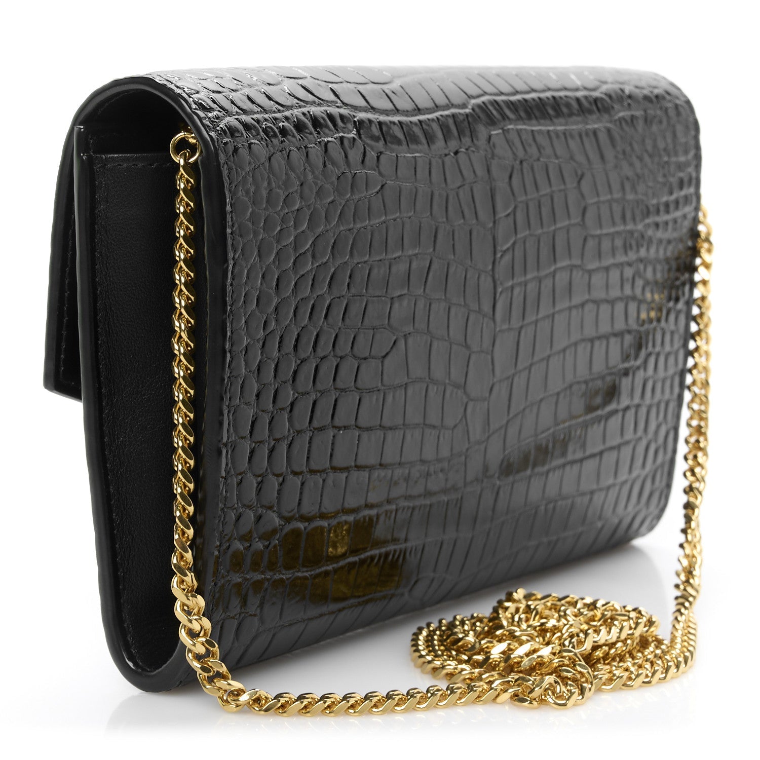 Calfskin Crocodile Embossed Monogram Uptown Chain Wallet Black