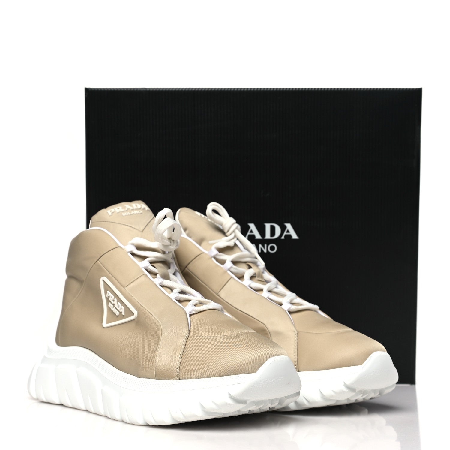Re-Nylon Gabardine Rubber Triangle Logo Quilted Mens Rush Piuma 50mm Mid Sneakers 39.5 Deserto
