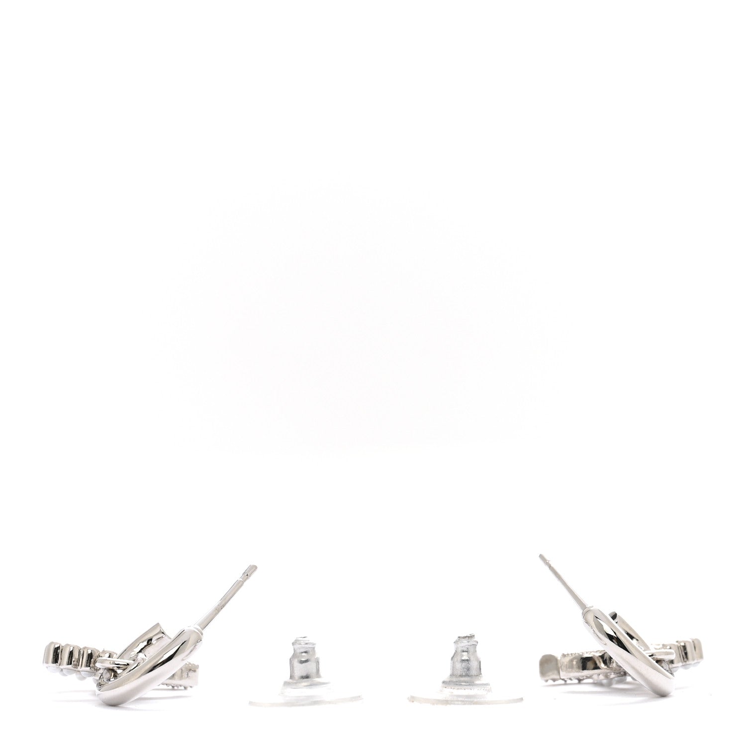 Metal Pearl Crystal CC Drop Earrings Silver