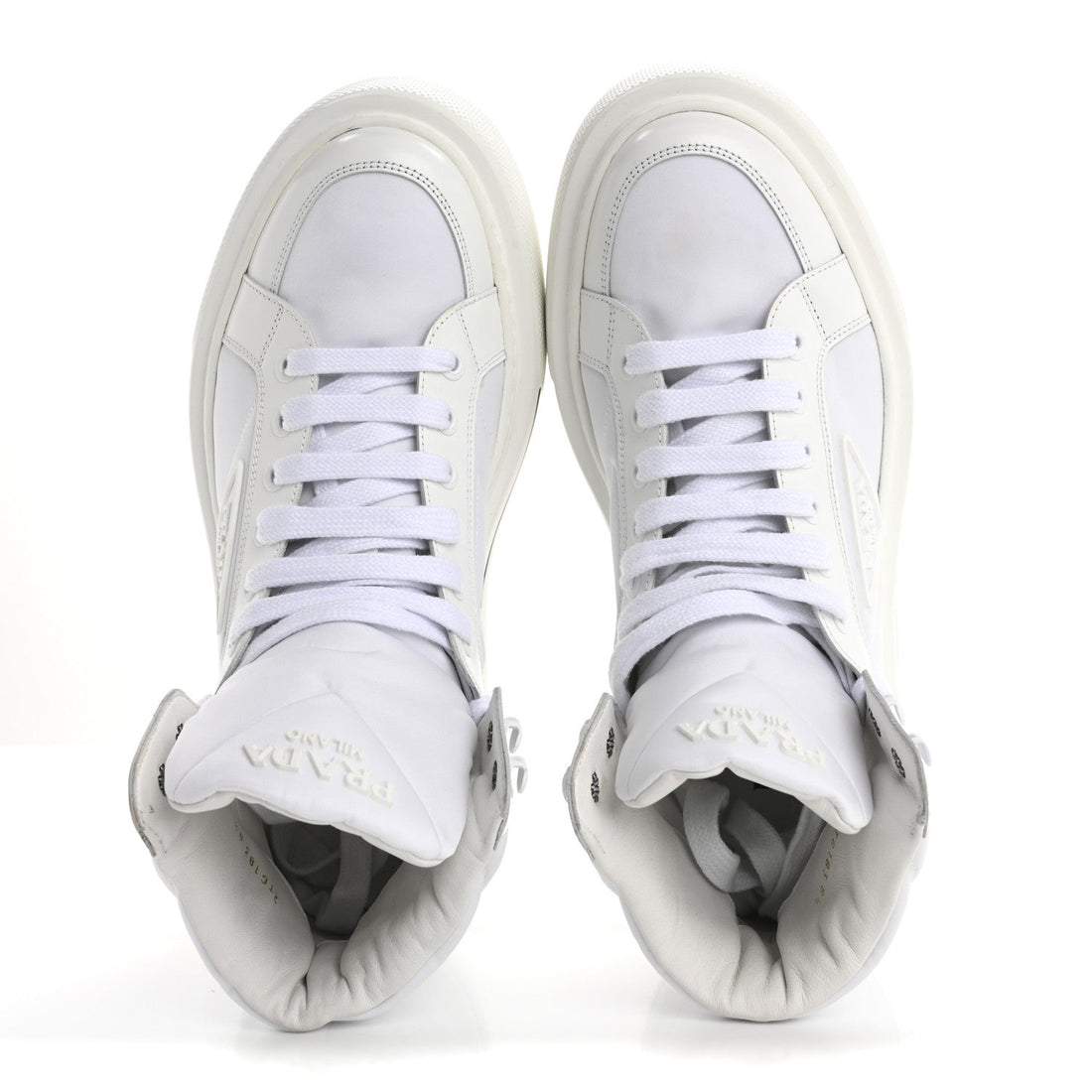 Re-Nylon Gabardine Spazzolato Macro Quilted Triangle Logo Mens High Top 45mm Sneakers 8.5 White