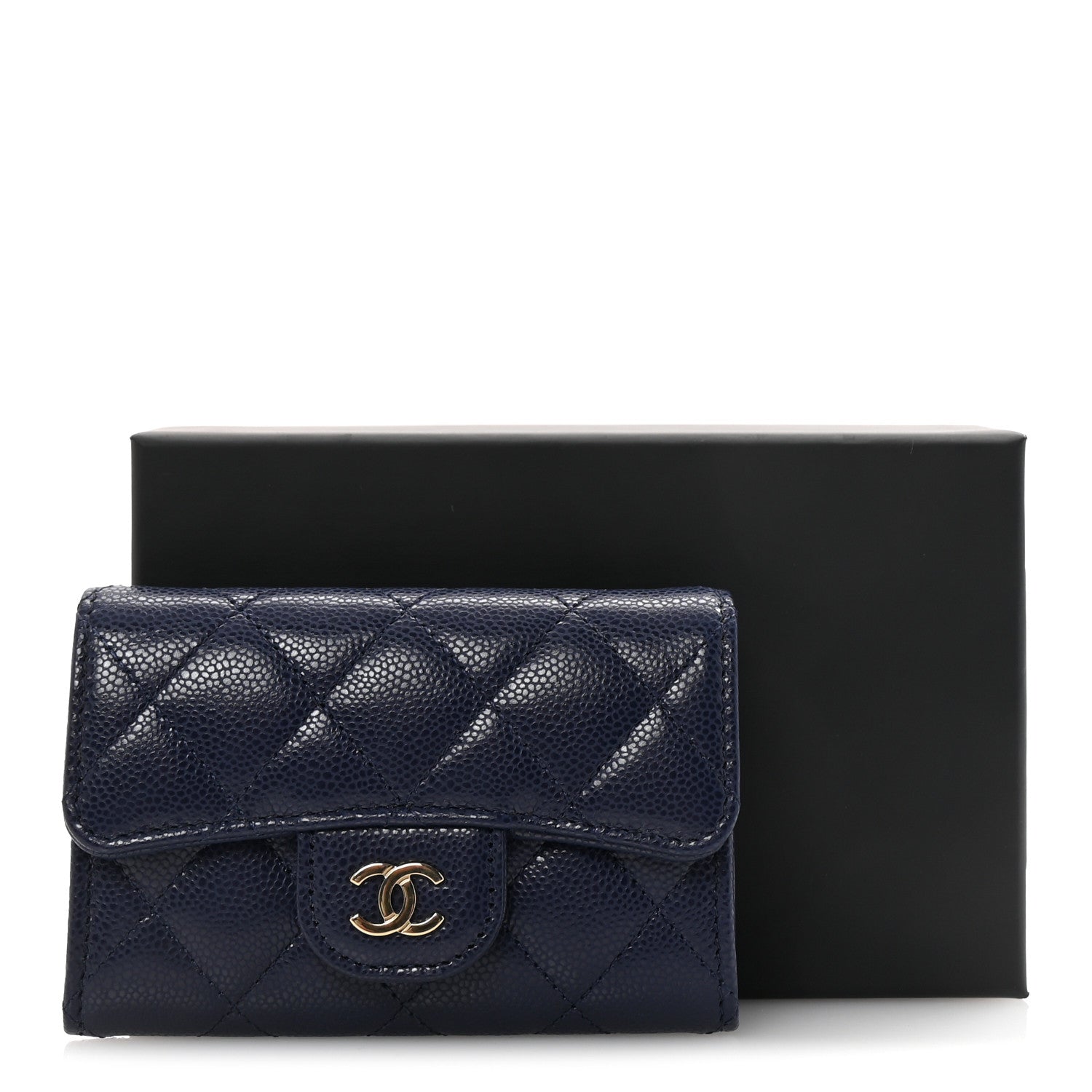 Caviar Quilted Flap Card Holder Wallet Navy Blue