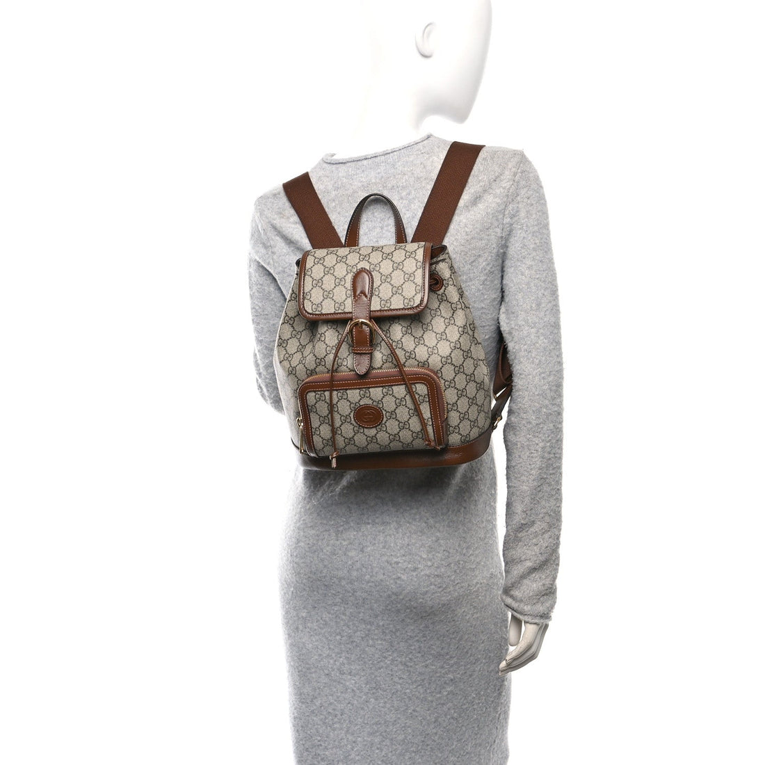 GG Supreme Monogram Azalea Calfskin Retro Interlocking G Buckle Backpack Beige Ebony Brown Sugar