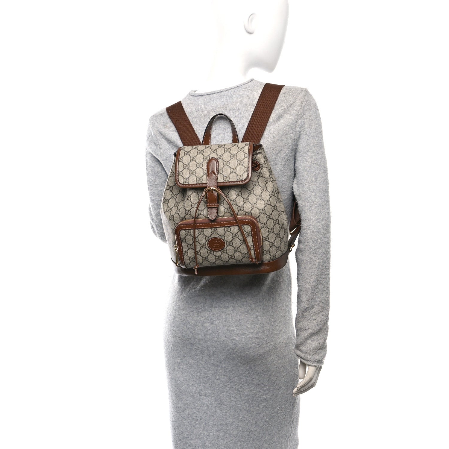 GG Supreme Monogram Azalea Calfskin Retro Interlocking G Buckle Backpack Beige Ebony Brown Sugar