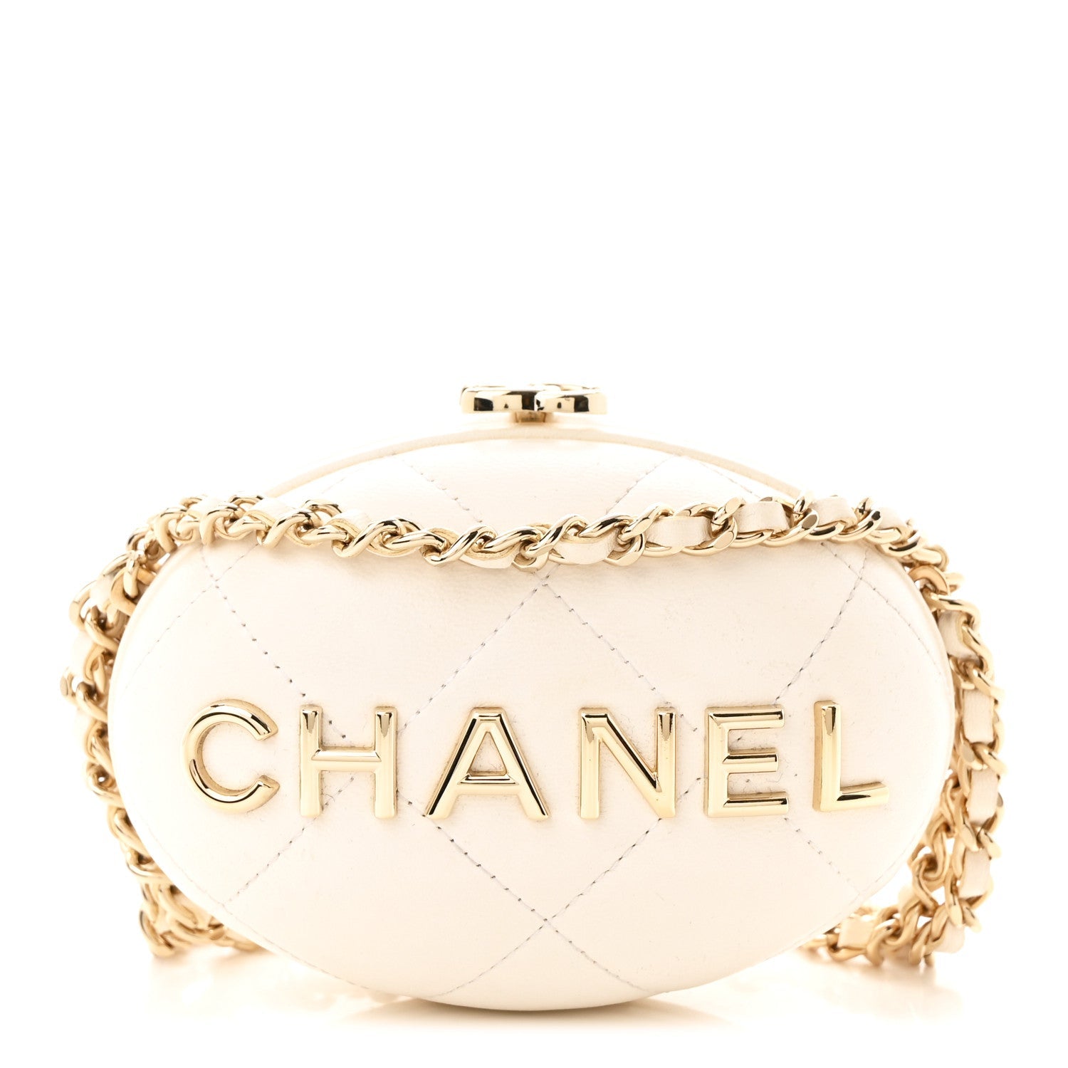 Lambskin Quilted Oval Minaudiere Chain Clutch White