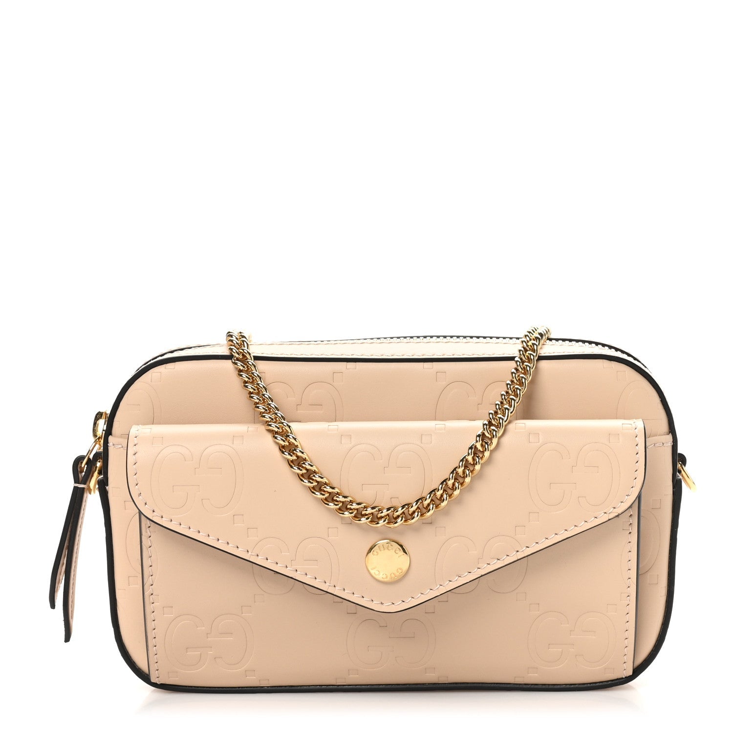 Calfskin GG Super Mini Debossed Chain Wallet Light Beige