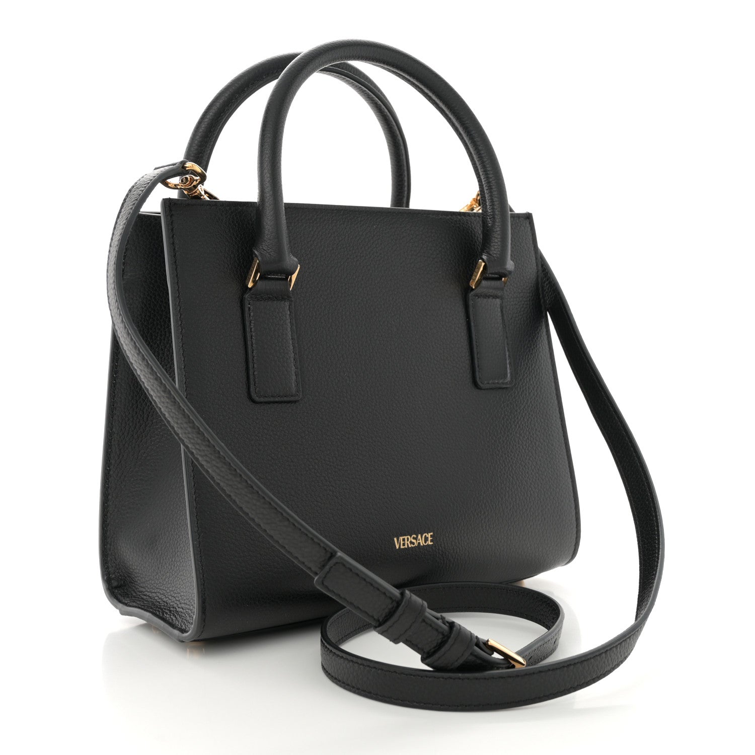 Grained Calfskin Snakeskin Embossed Virtus Top Handle Tote Black