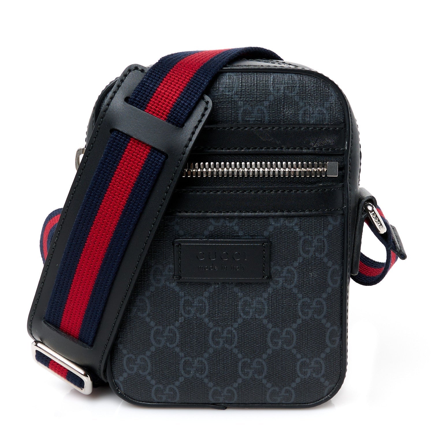 GG Supreme Monogram Appia Calfskin Web Small Camera Messenger Bag Black Grey