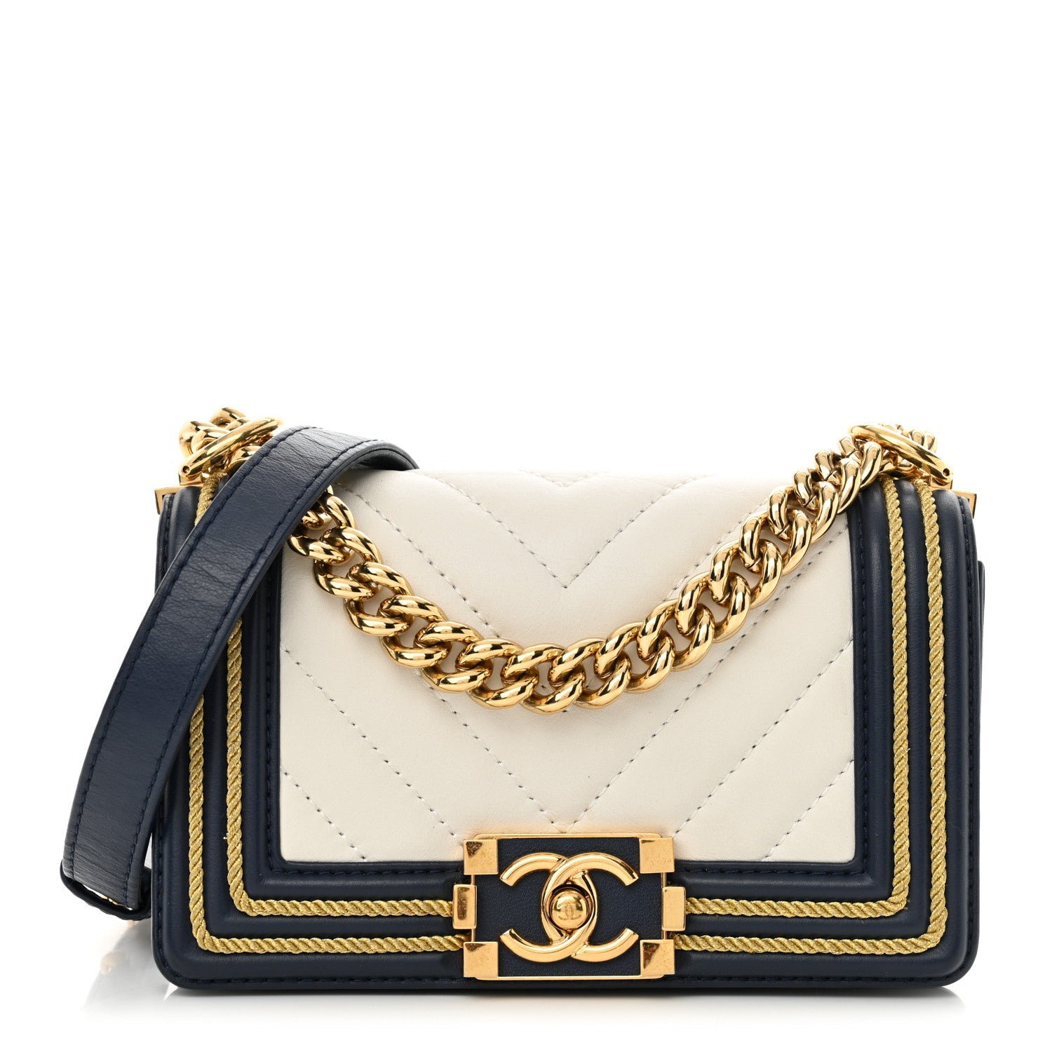 Calfskin Chevron Quilted Braided Small Boy Flap White Navy