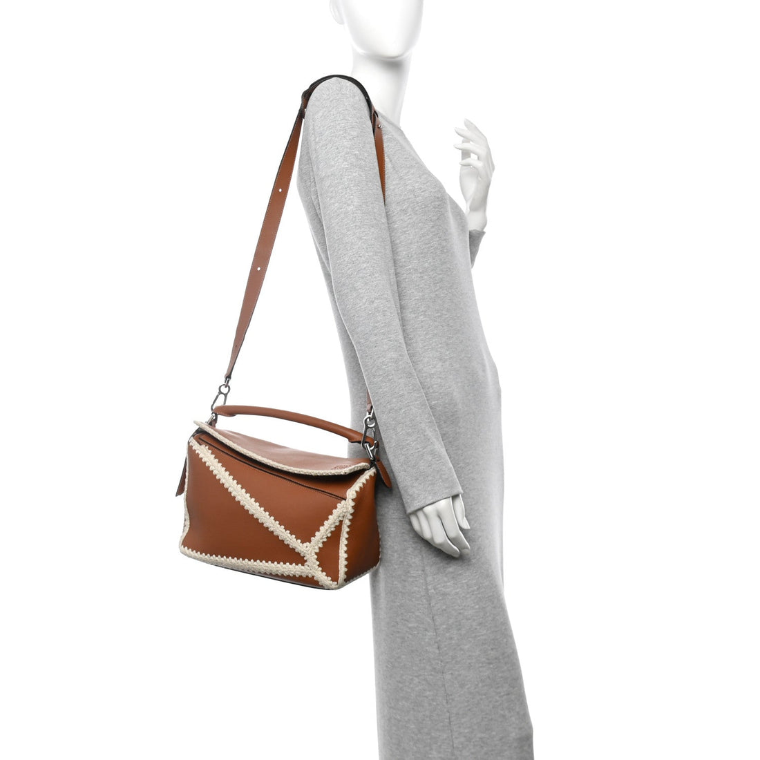 Calfskin Crochet Trim Medium Puzzle Bag Tan