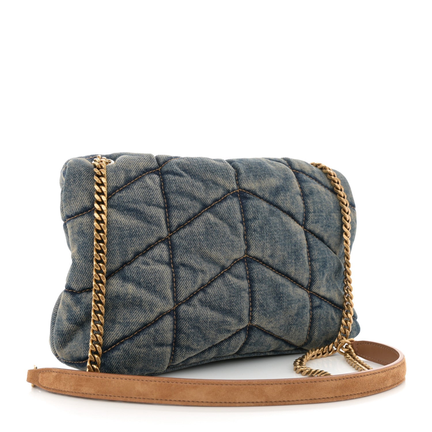 Denim Quilted Toy Loulou Puffer Monogram Chain Satchel Blue Cinnamon
