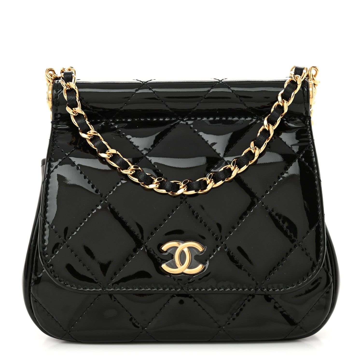 Patent Quilted Frame Clutch Flap With Chain Black