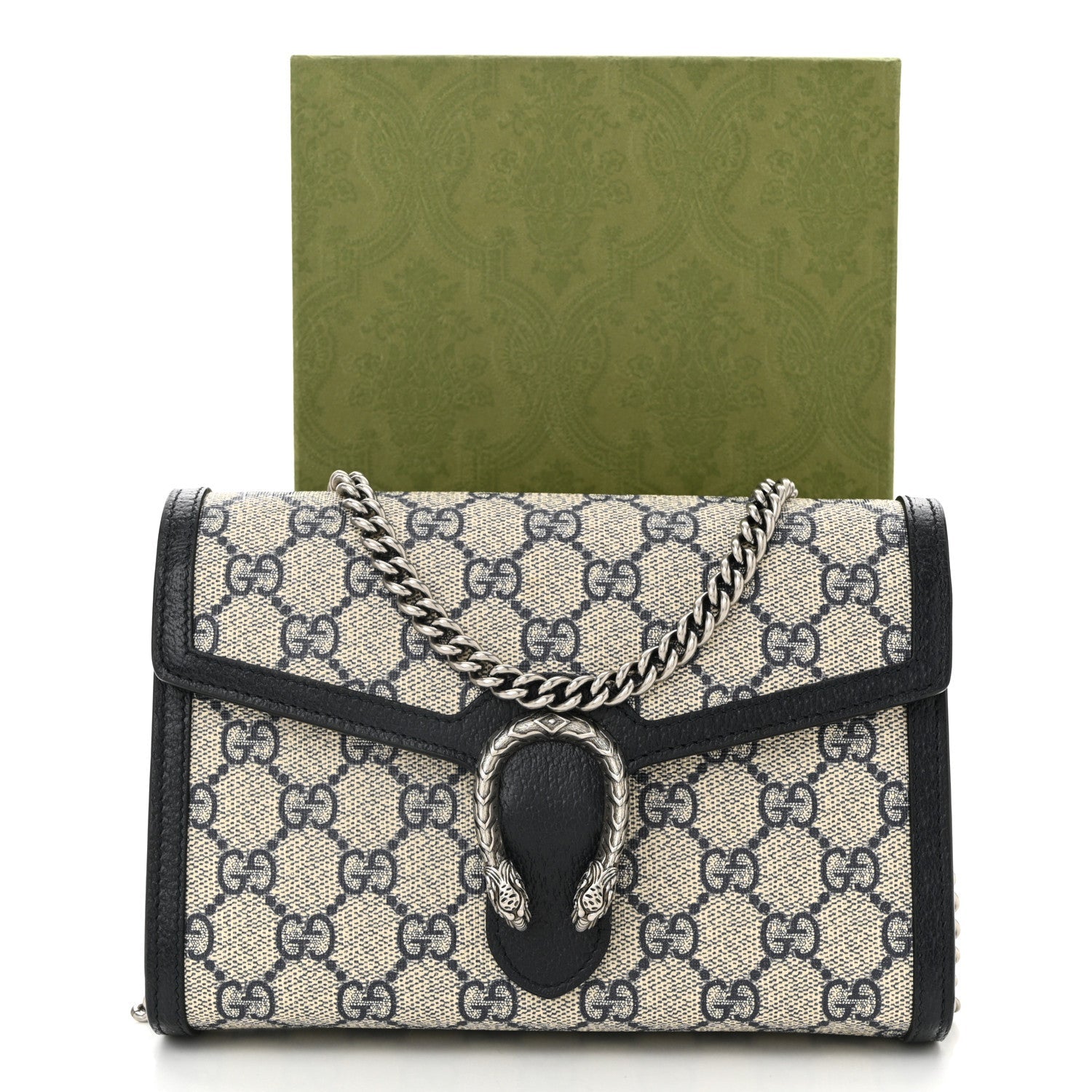 GG Supreme Monogram Textured Dollar Calfskin Mini Dionysus Chain Wallet Beige Blue