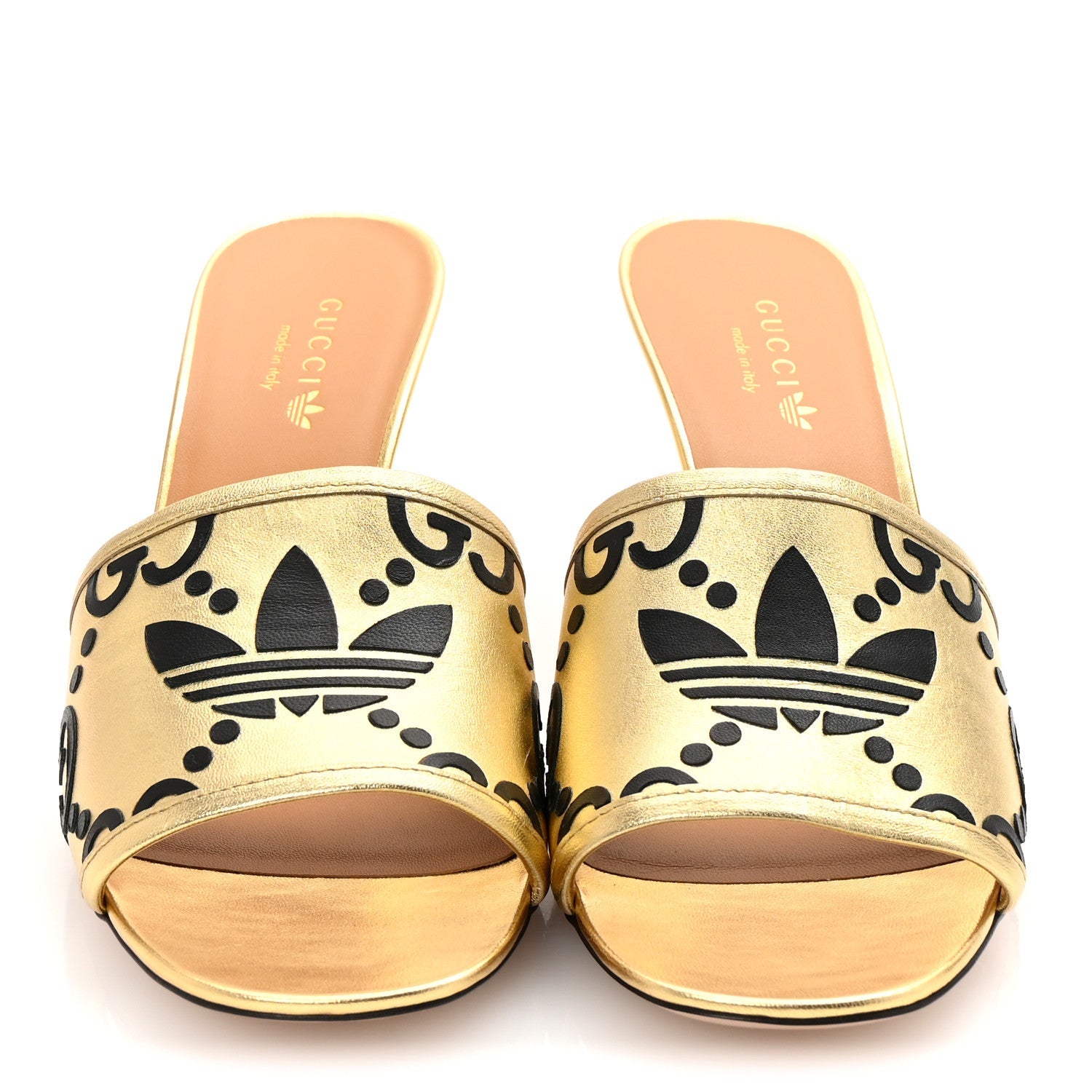 X ADIDAS Nappa Silk Charlotte Monogram Jumbo GG Trefoil 75mm Slide Sandals 39.5 King Gold Black