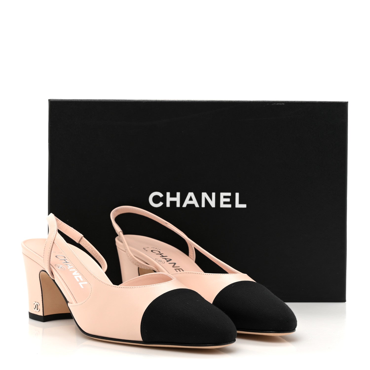 Calfskin Grosgrain Cap Toe CC Slingback Pumps 37 Light Pink Black