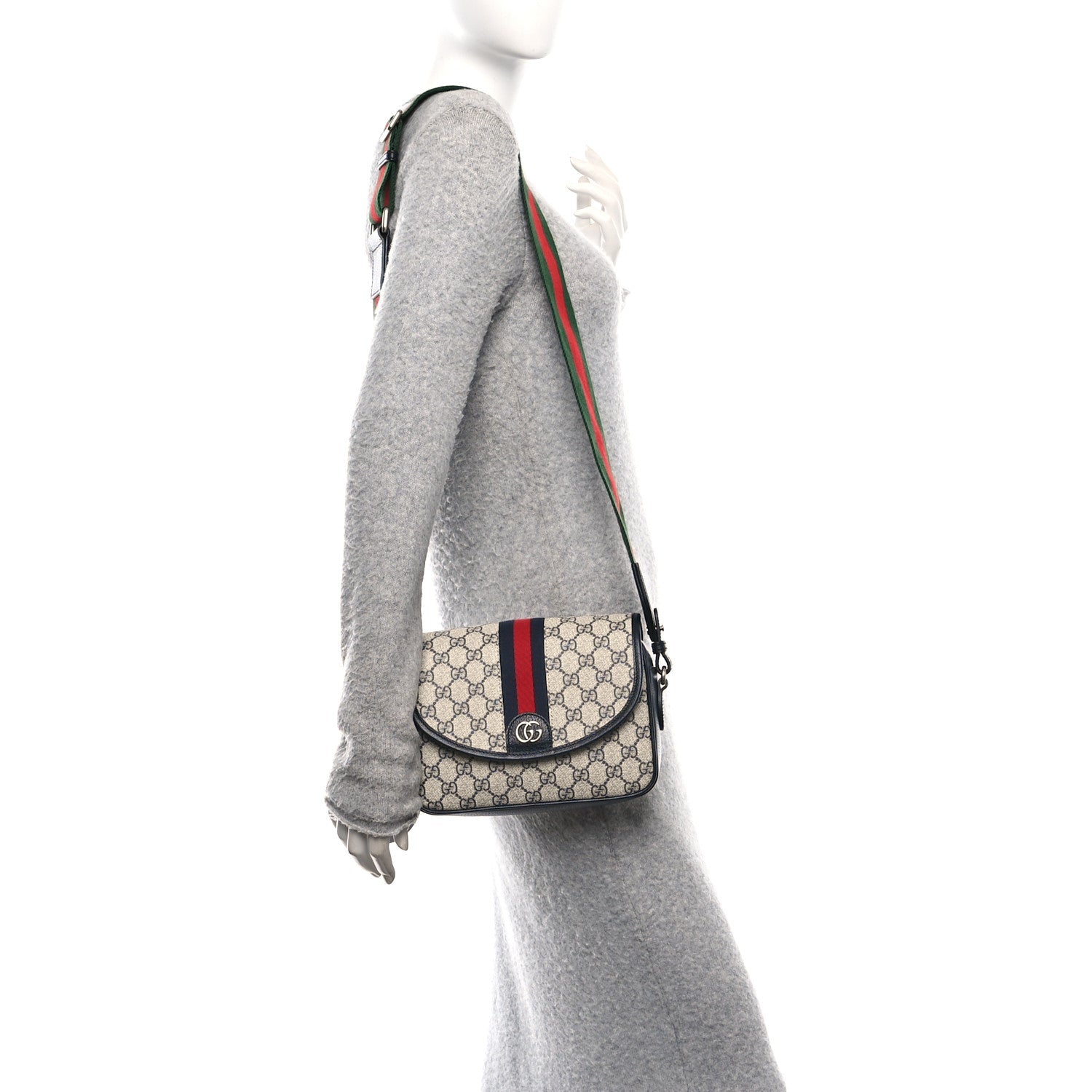 GG Supreme Monogram Textured Dollar Calfskin Web Studded Mini Ophidia Flap Shoulder Bag Beige Blue