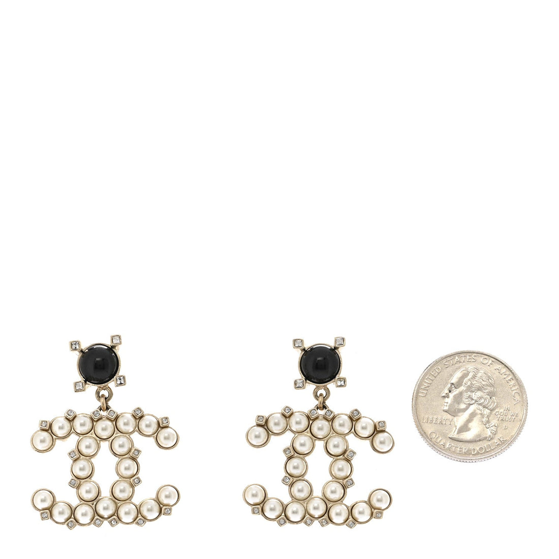 Resin Crystal Pearl CC Drop Earrings Black Gold