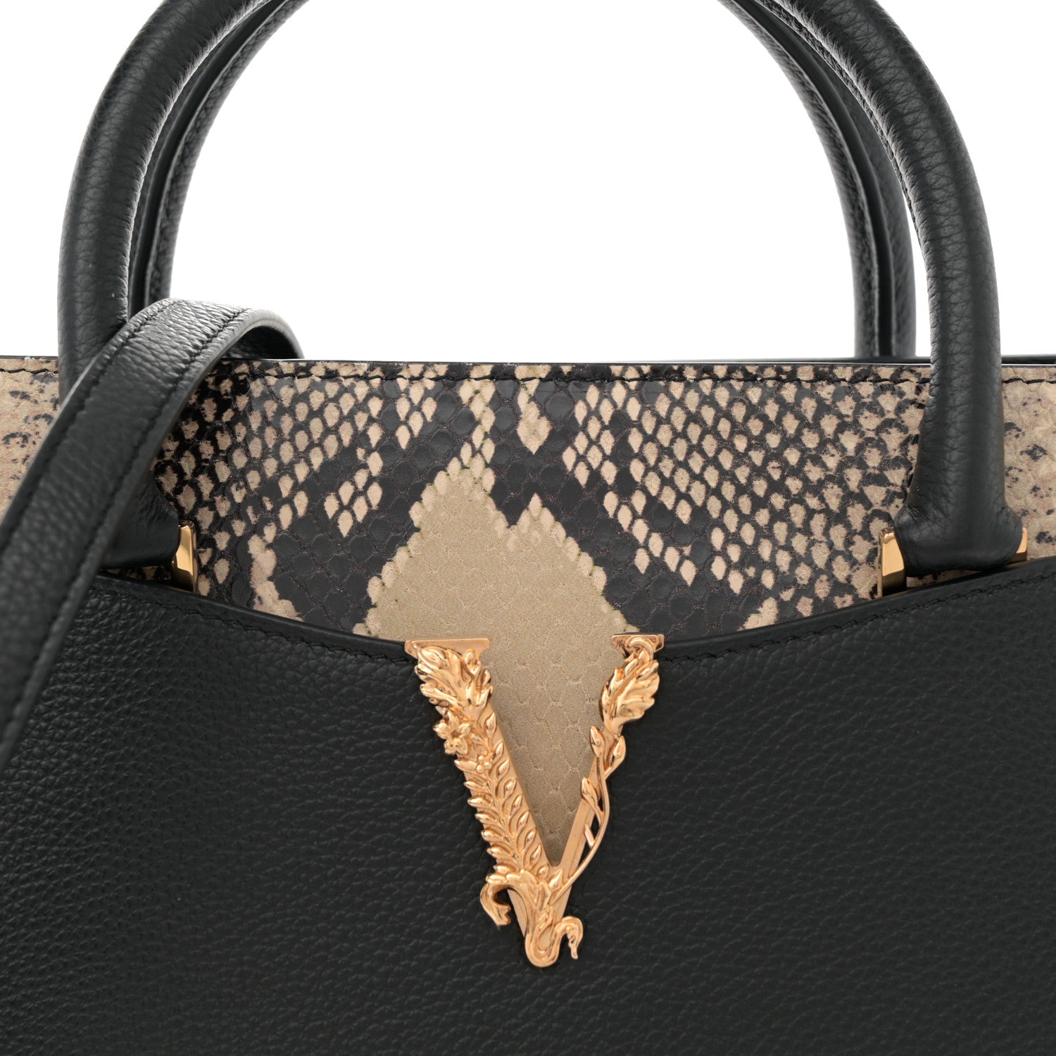 Grained Calfskin Snakeskin Embossed Virtus Top Handle Tote Black