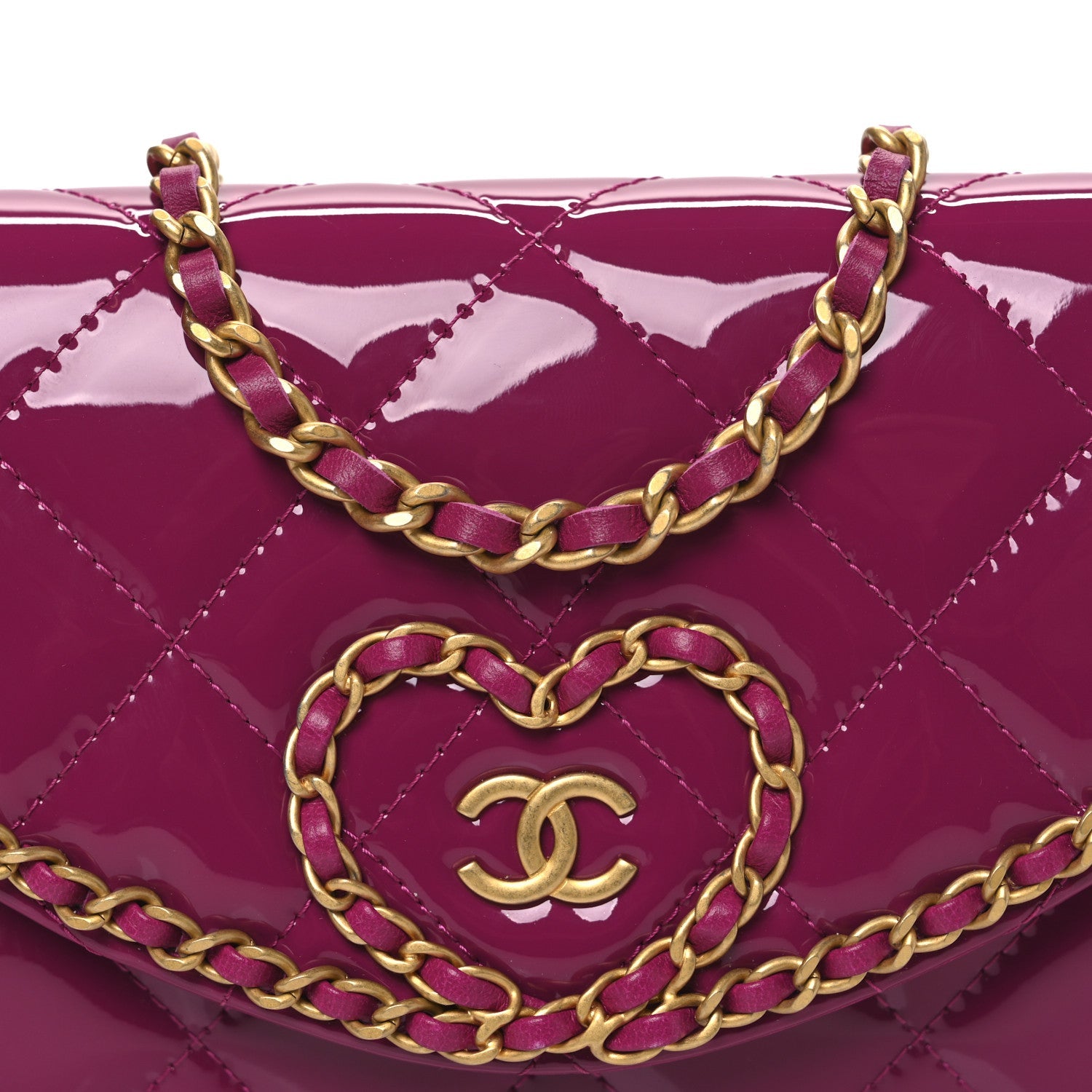 Patent Quilted Chain Around Heart Wallet On Chain WOC Fuchsia