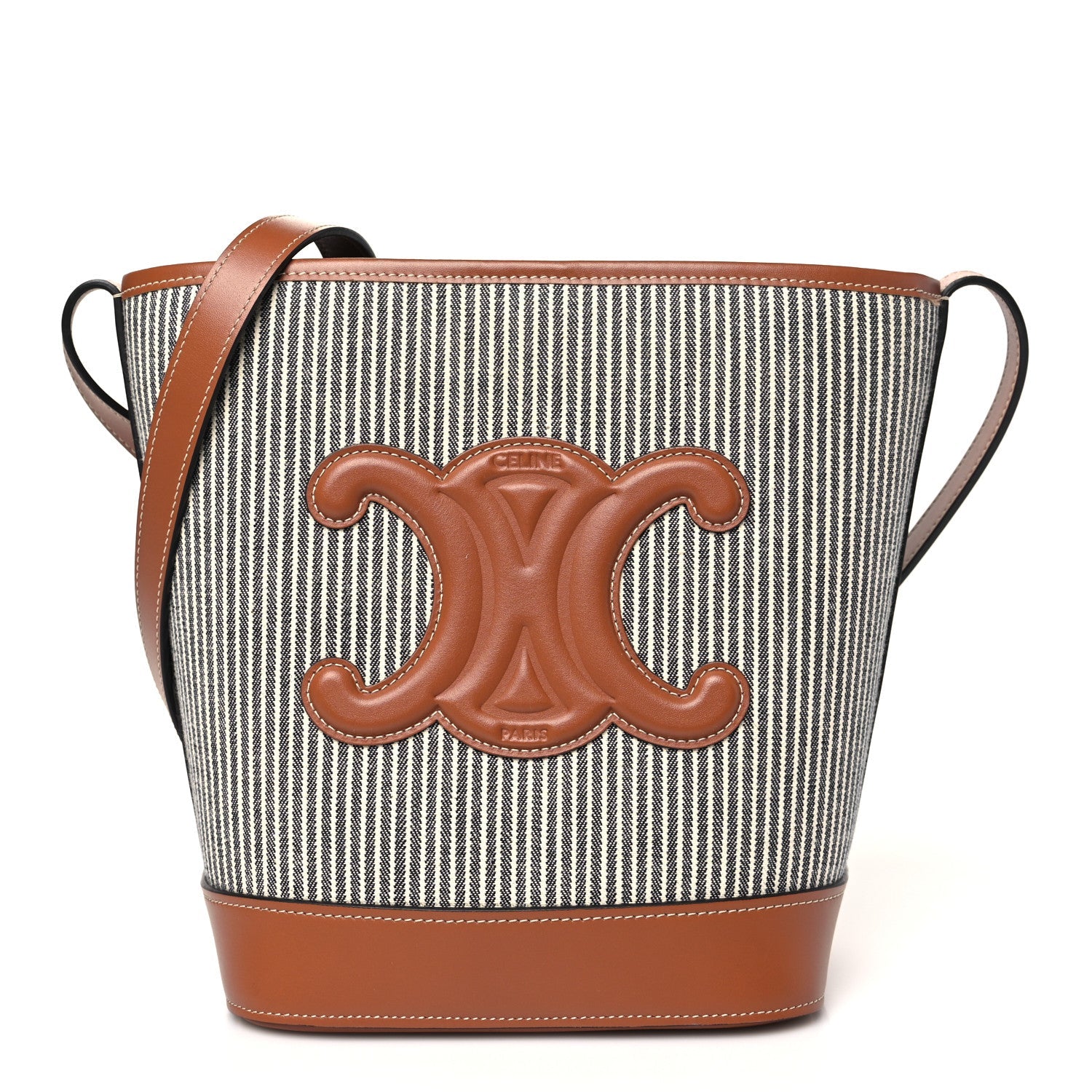 Canvas Calfskin Stripe Triomphe Small Bucket Bag Navy Blue Tan