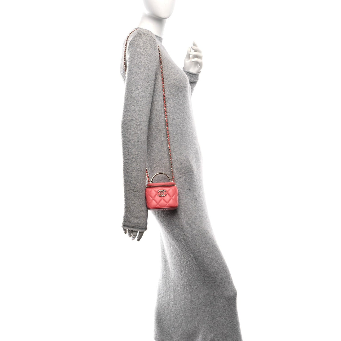 Lambskin Quilted Crystal Top Handle Mini Vanity Case With Chain Coral