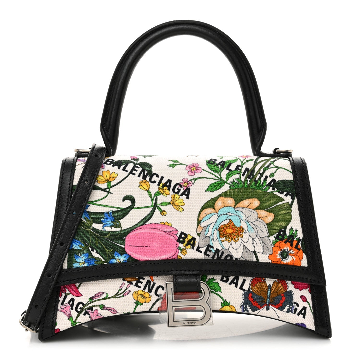 X GUCCI Canvas Boarded Plutone Calfskin Flora Logo Print Small Hourglass Top Handle Bag White Multicolor Black