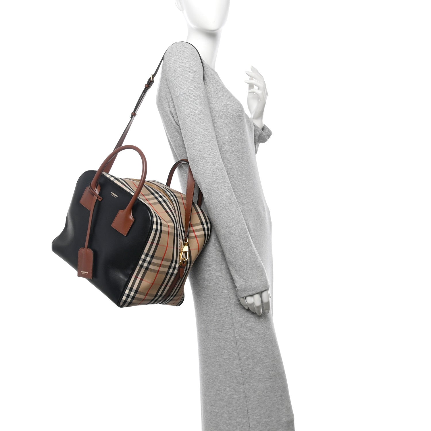 Smooth Calfskin House Check Medium Cube Bowling Bag Archive Beige