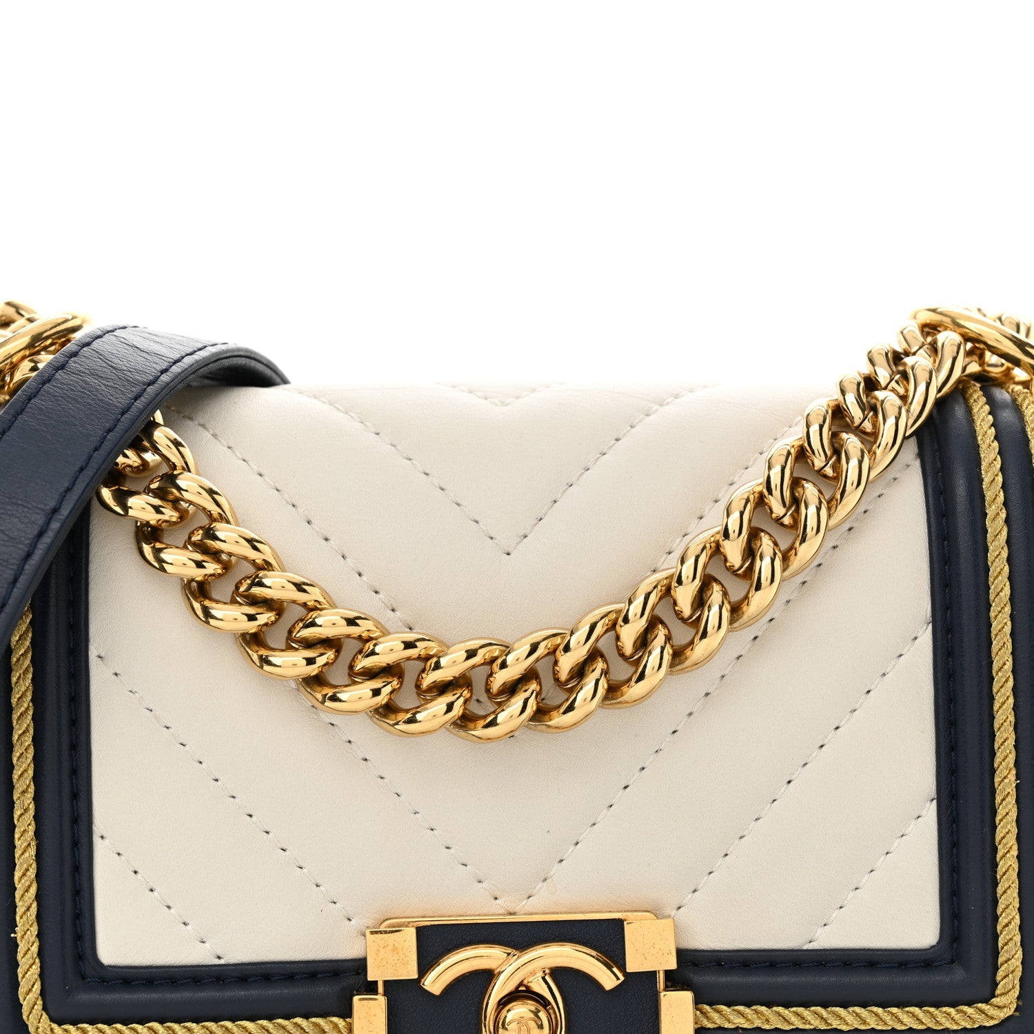 Calfskin Chevron Quilted Braided Small Boy Flap White Navy