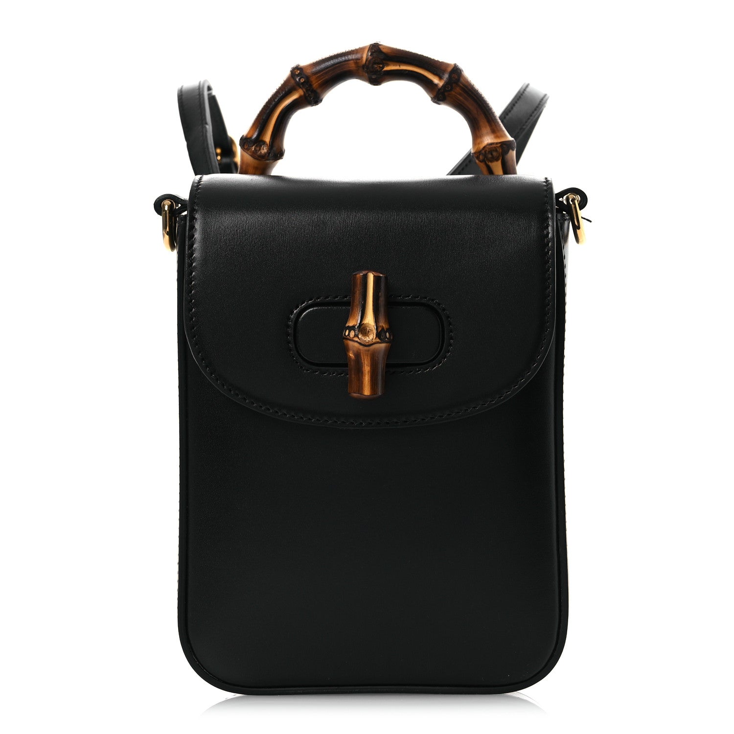 Calfskin Mini Bamboo Top Handle 3 Way Shoulder Bag Black