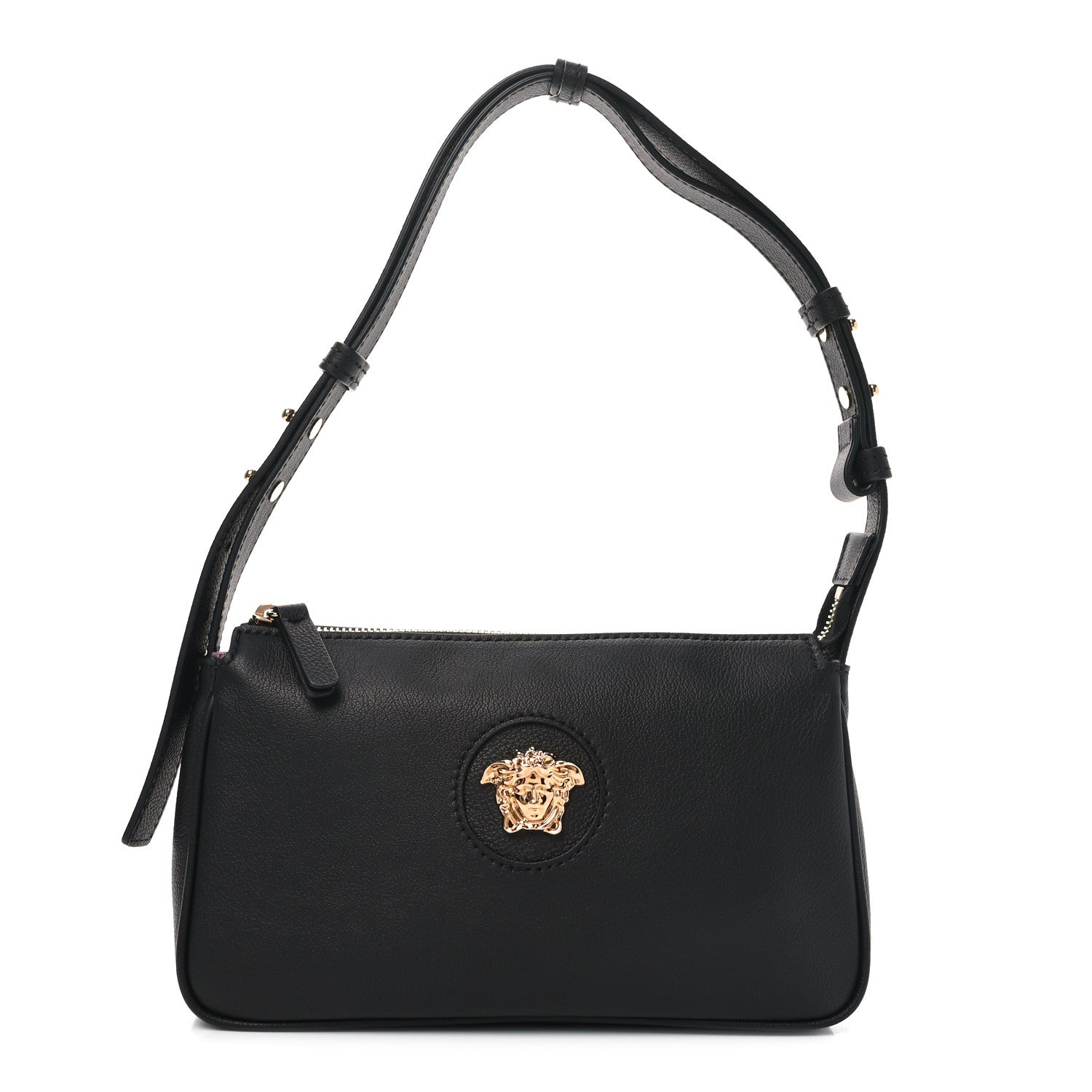 Grained Calfskin Medusa Shoulder Bag Black