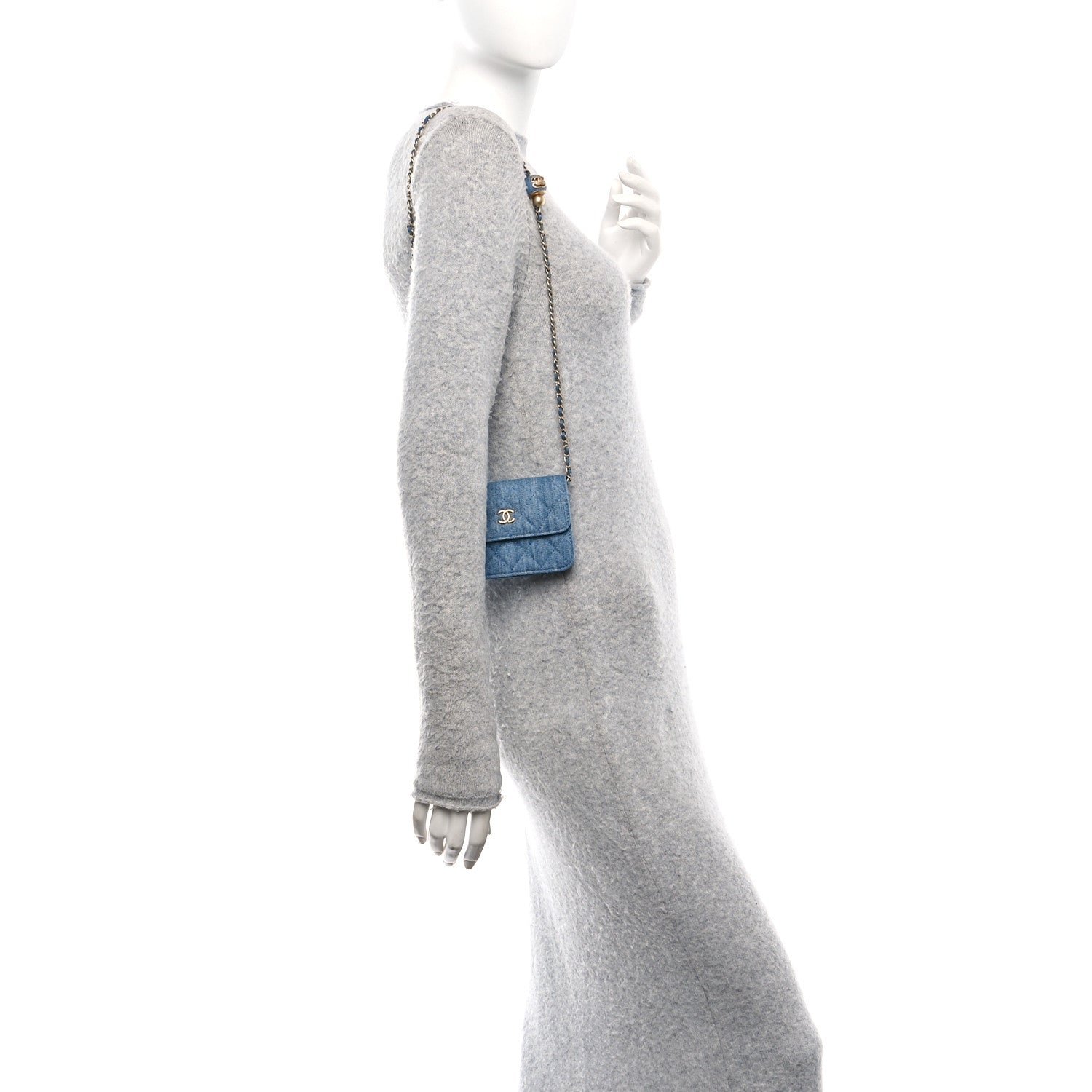 Denim Quilted CC Pearl Crush Clutch With Chain Blue