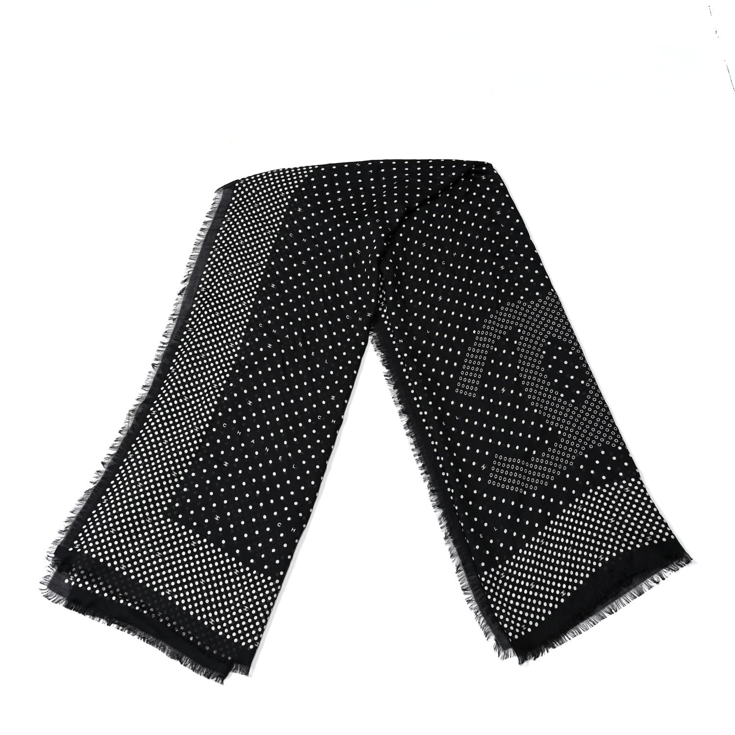 Cashmere Silk Polka Dot Fringe Stole White Black