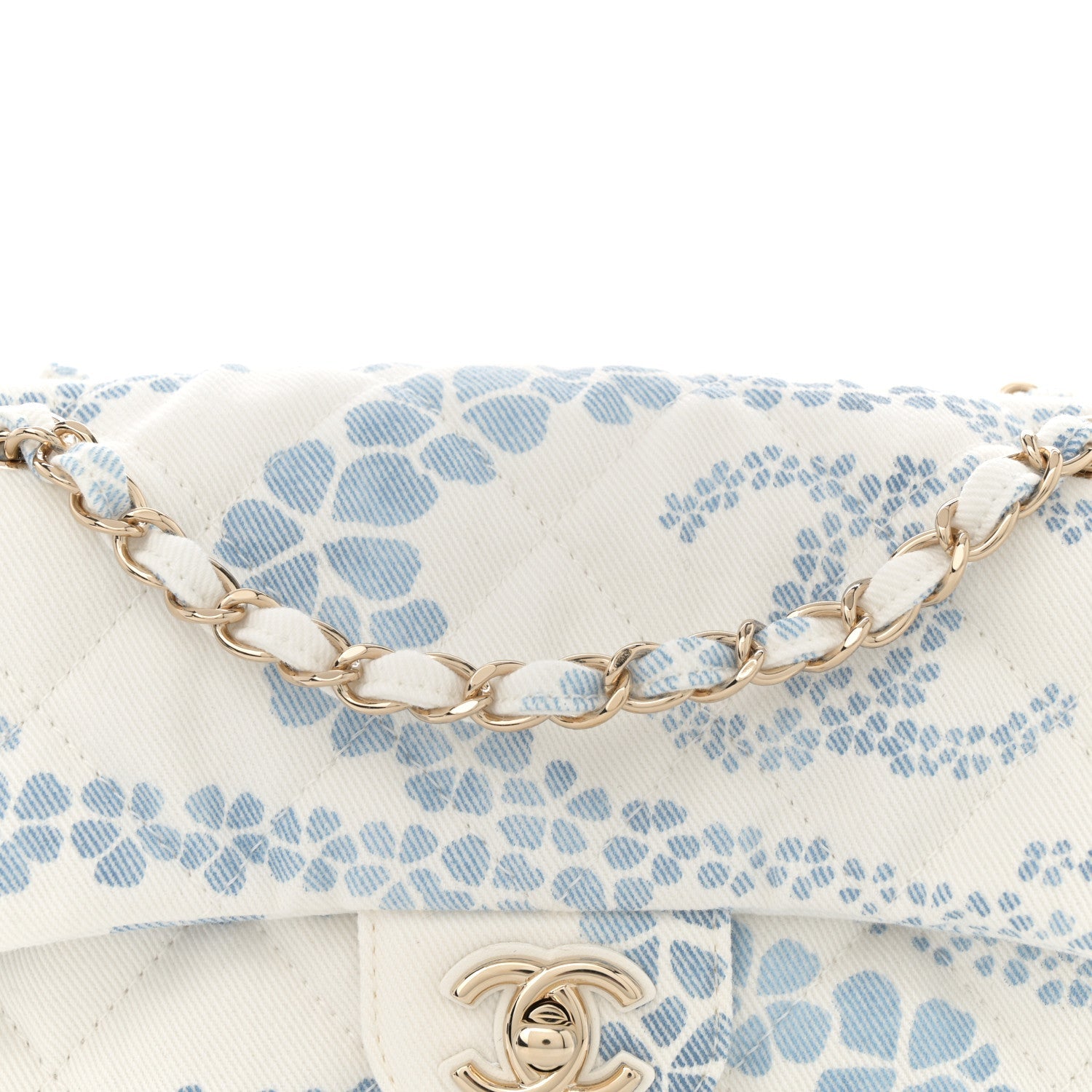 Printed Denim Quilted Mini Rectangular Flap Light Blue White