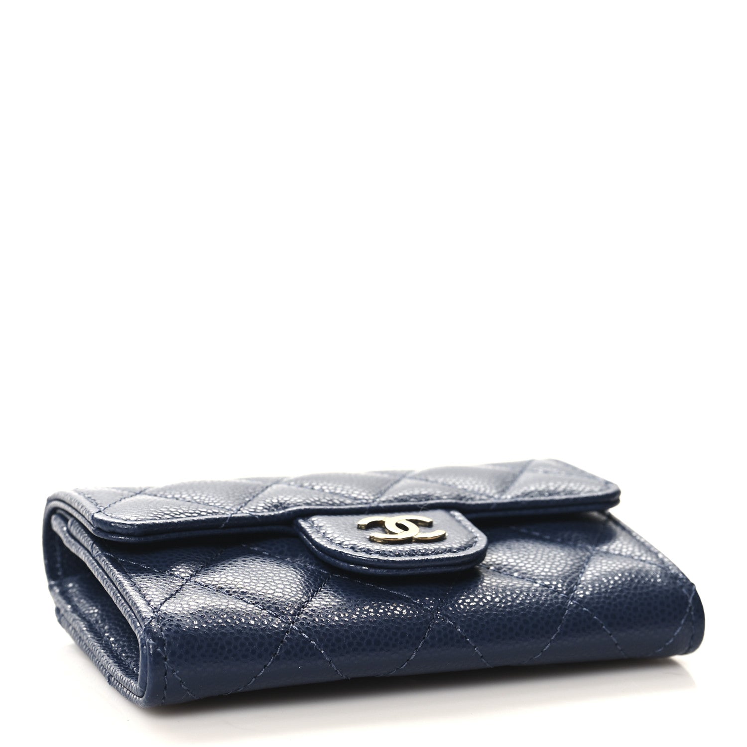 Caviar Quilted Flap Card Holder Wallet Navy Blue