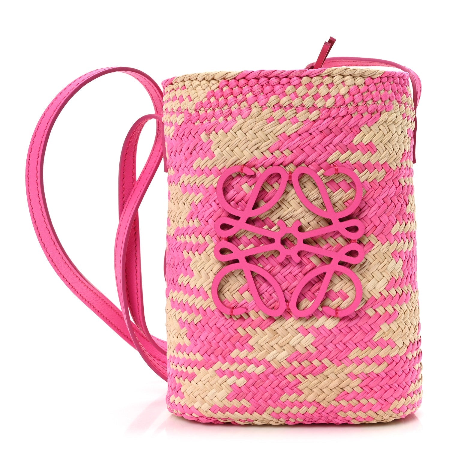 Iraca Palm Calfskin Anagram Square Pocket Bucket Bag Natural Fuchsia