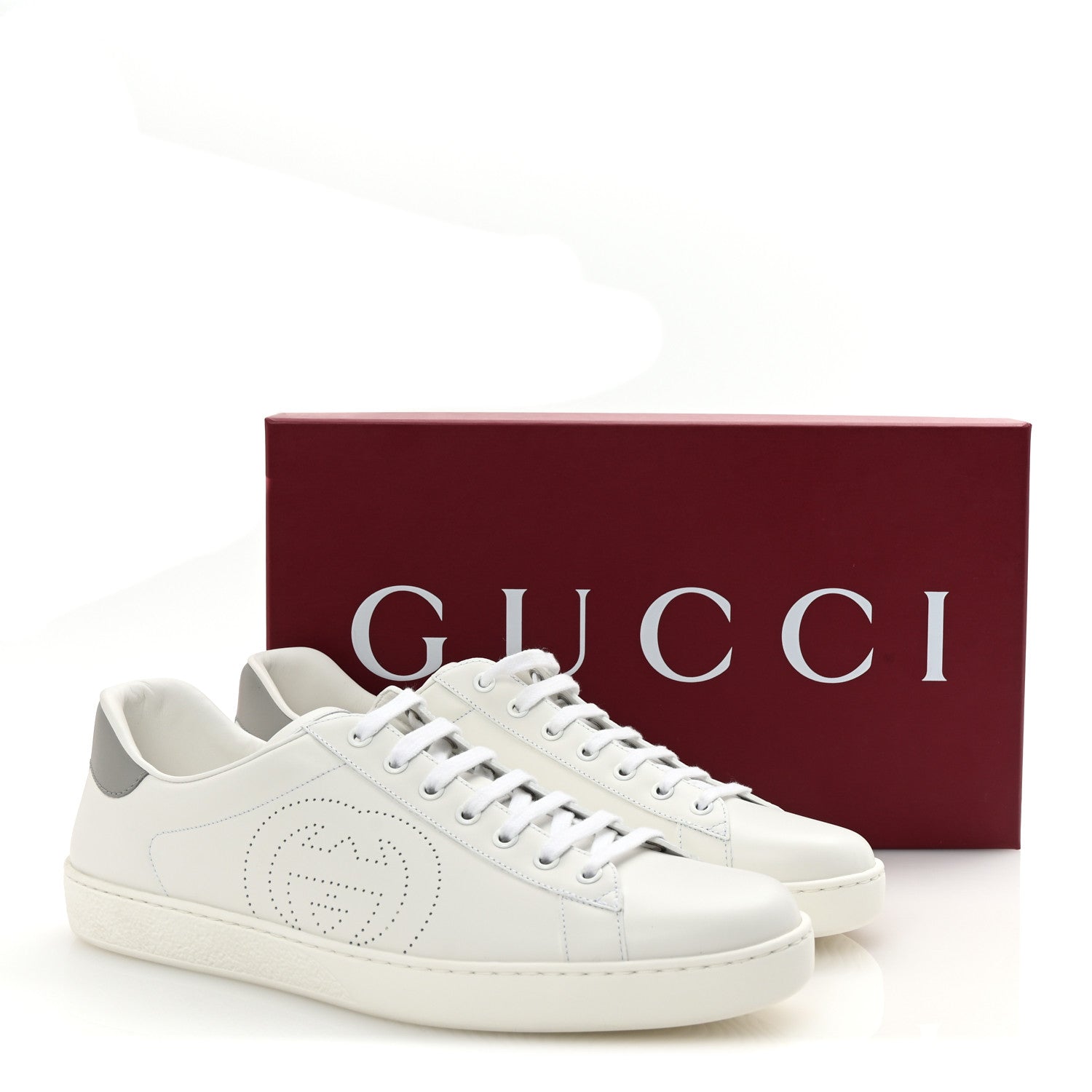 Calfskin Interlocking G Perforated Mens Ace Sneakers 12 White Grey Sky