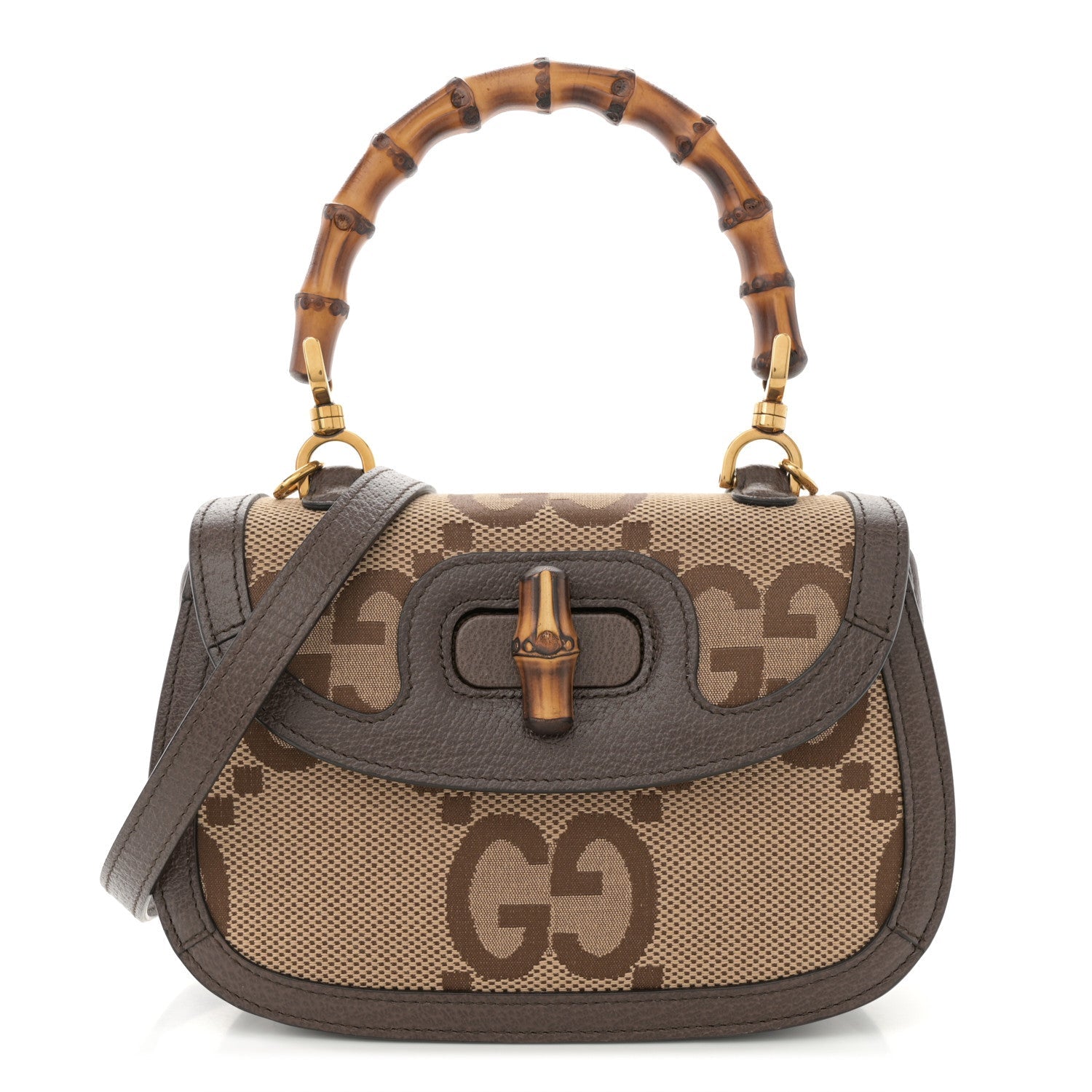 Monogram Jumbo GG Textured Dollar Calfskin Web Small Bamboo 1947 Top Handle Bag Camel Ebony New Acero