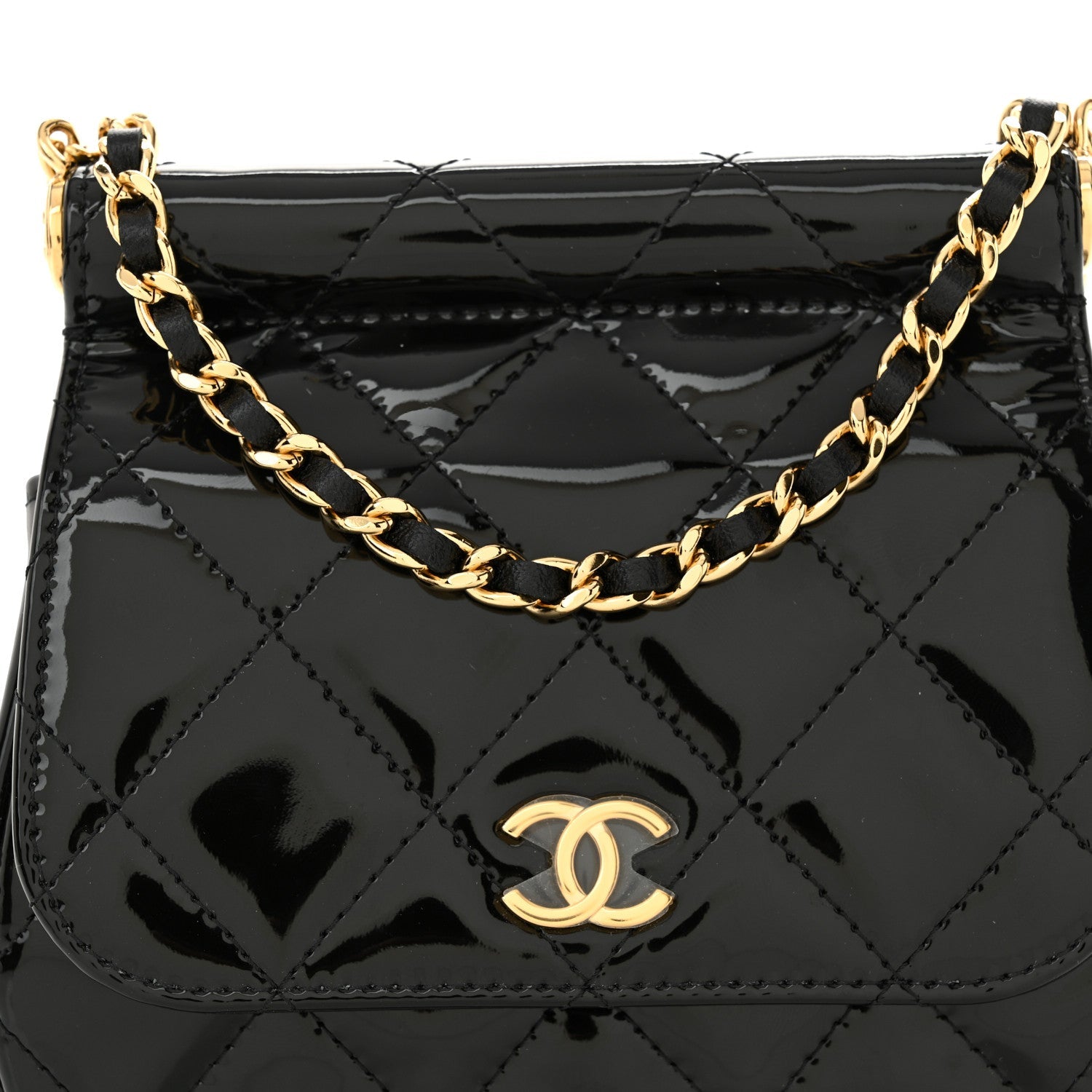 Patent Quilted Frame Clutch Flap With Chain Black