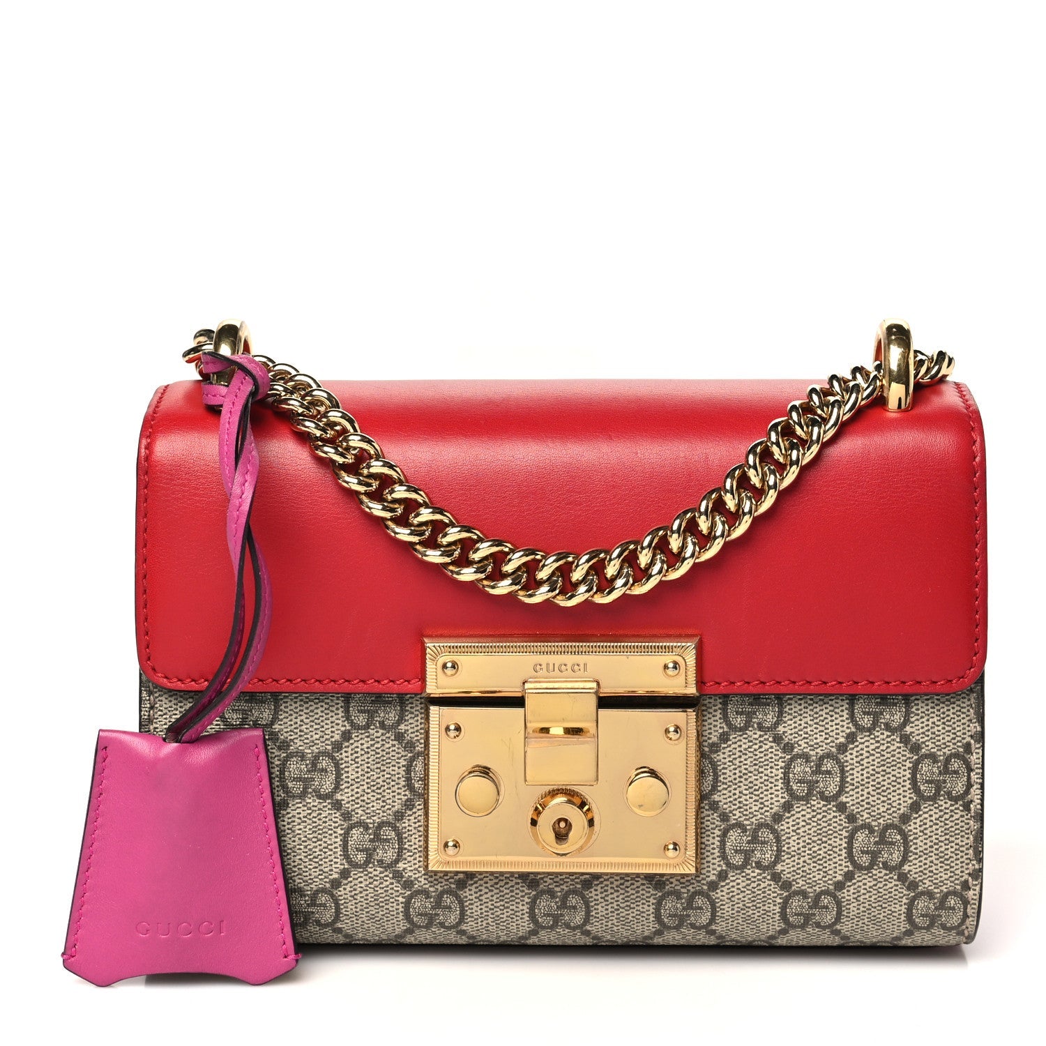 GG Supreme Monogram Calfskin Small Padlock Shoulder Bag Beige Hibiscus Red New Rosette