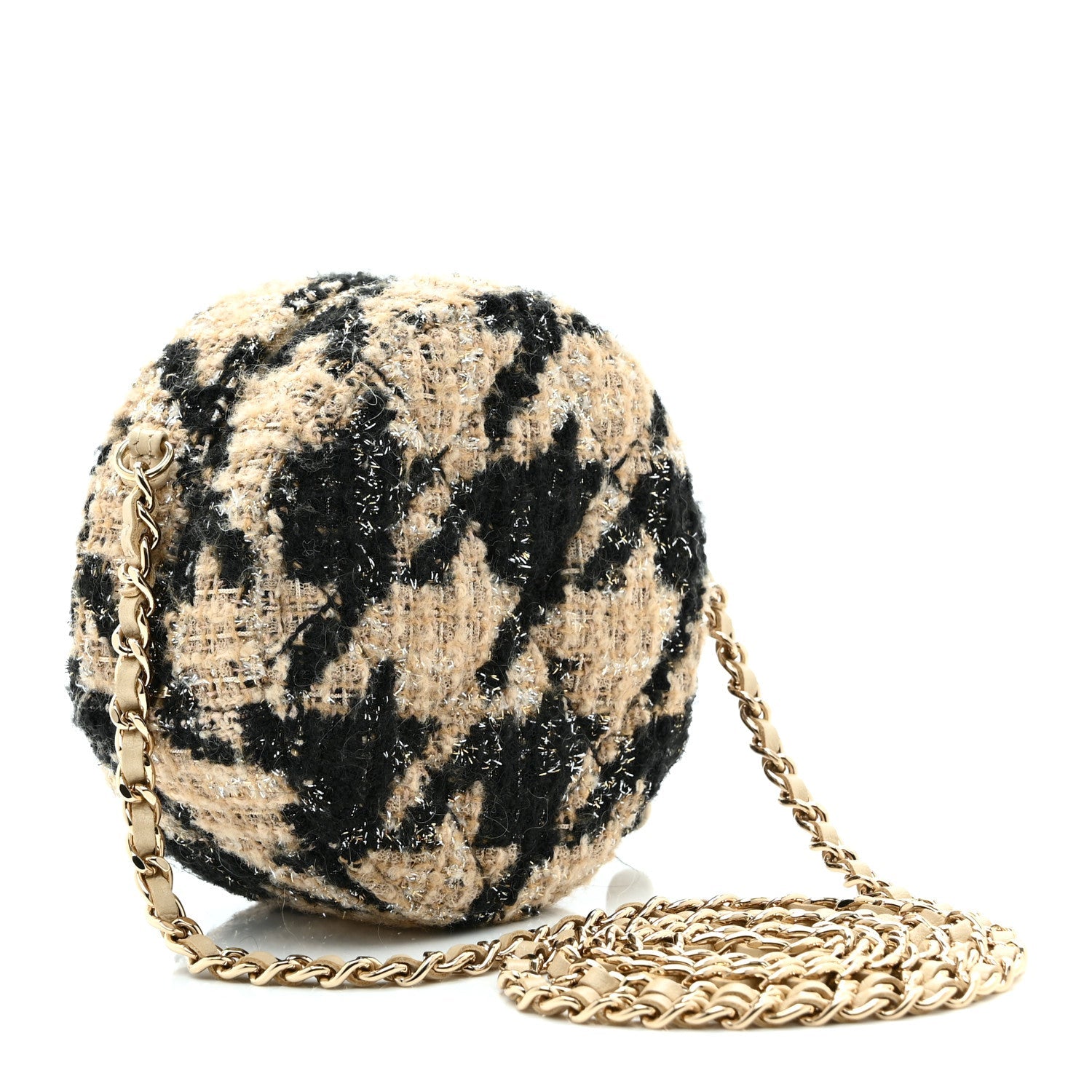 Tweed Shearling Quilted Round Clutch With Chain and Coin Purse Beige Black