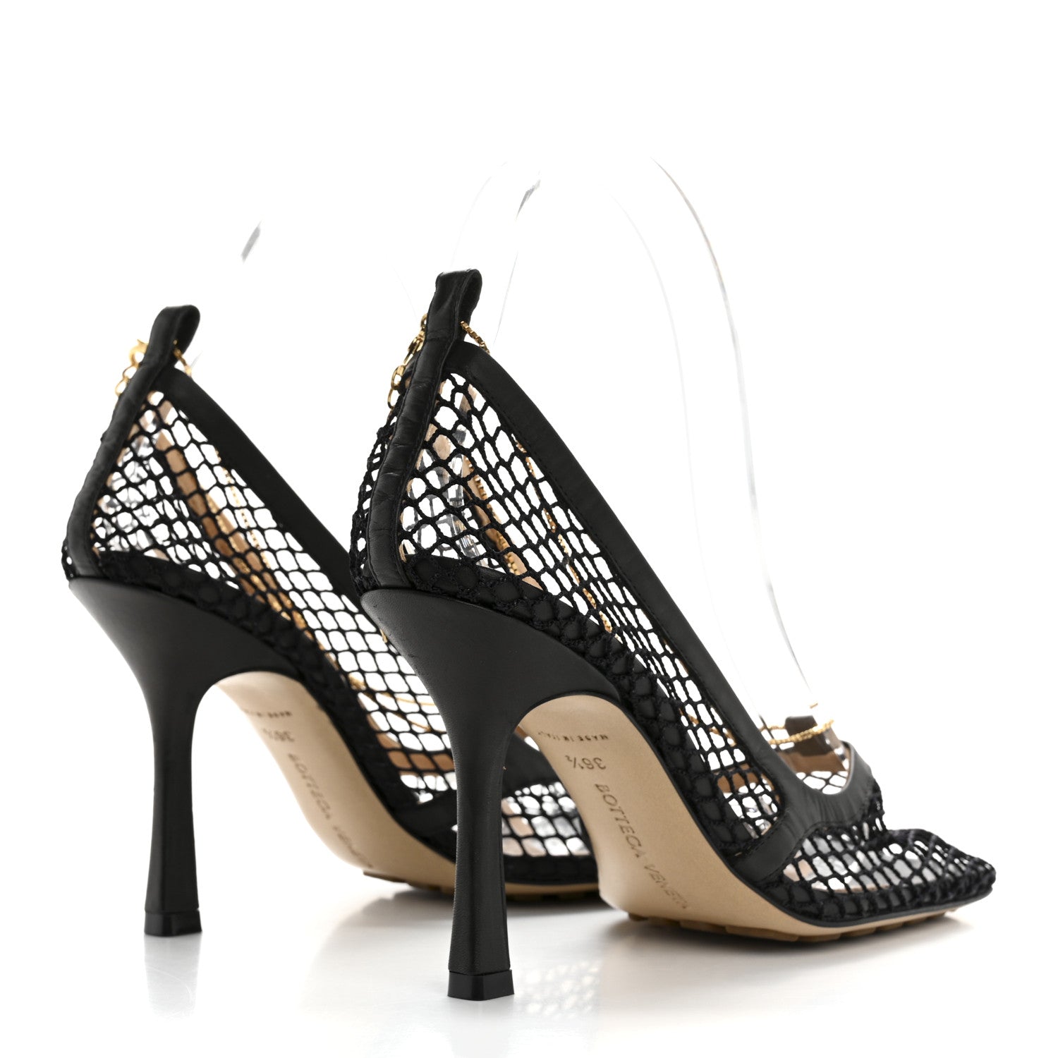 Mesh Calfskin Chain Stretch Pumps 36.5 Black