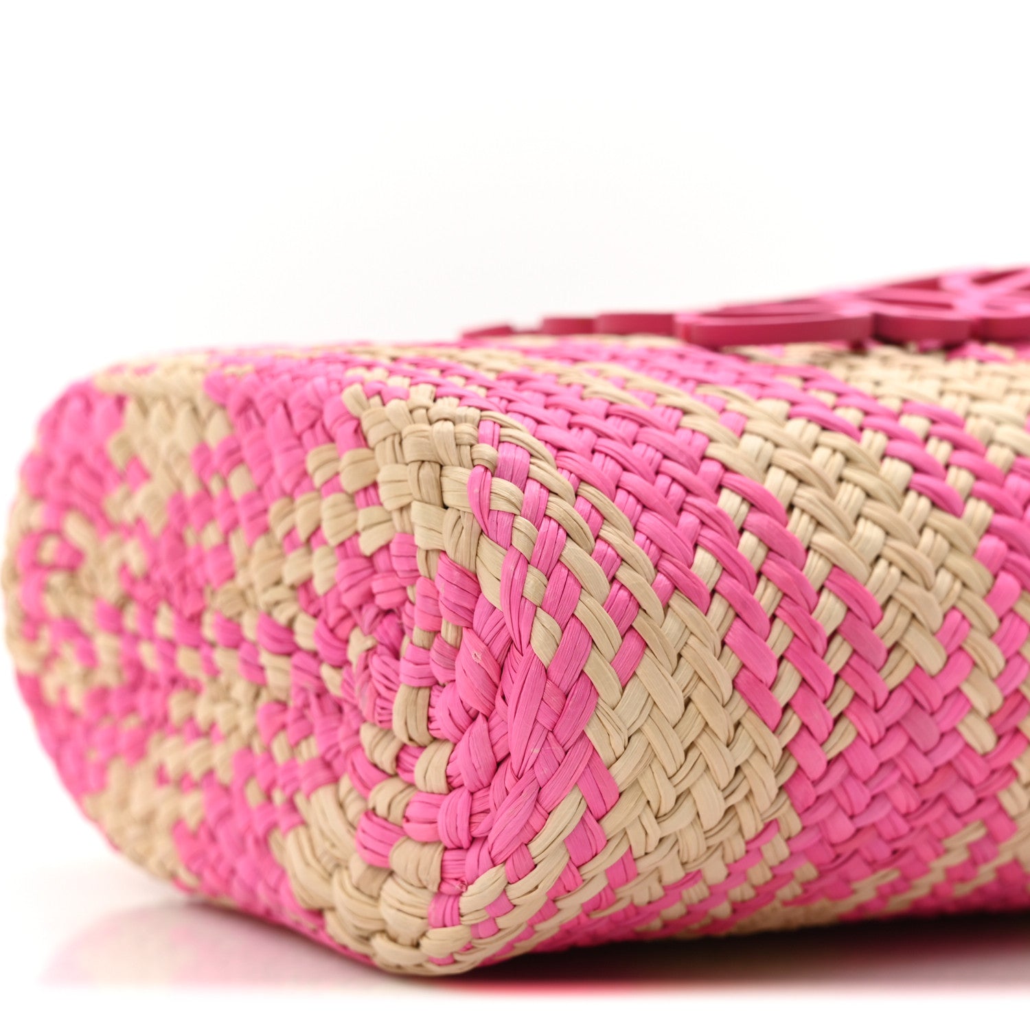 Iraca Palm Calfskin Anagram Square Pocket Bucket Bag Natural Fuchsia