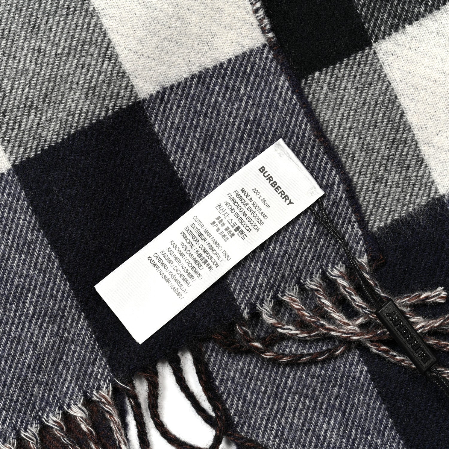 Cashmere Half Mega Check Monogram TB Reversible Fringe Scarf Dark Charcoal Blue