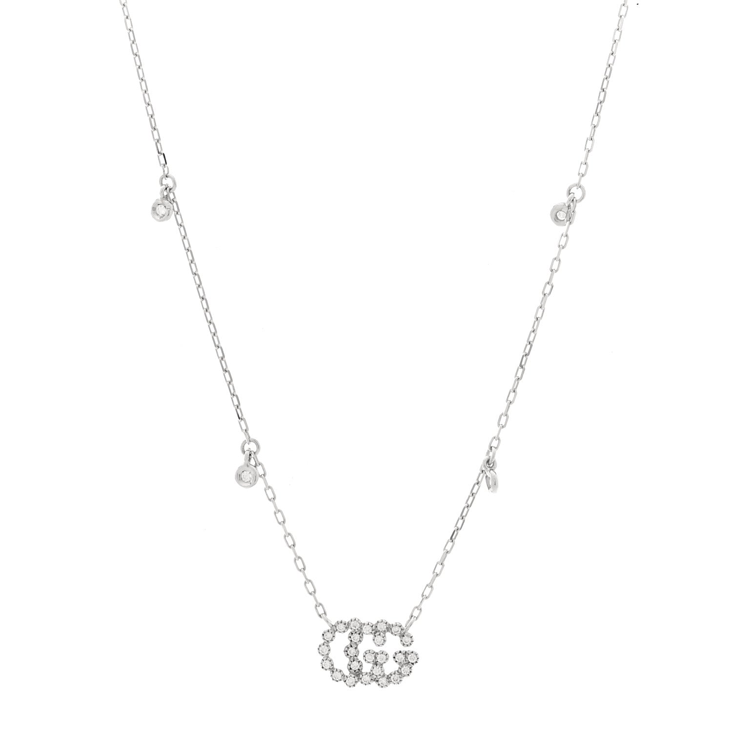 18K White Gold Diamond Running GG Pendant Necklace