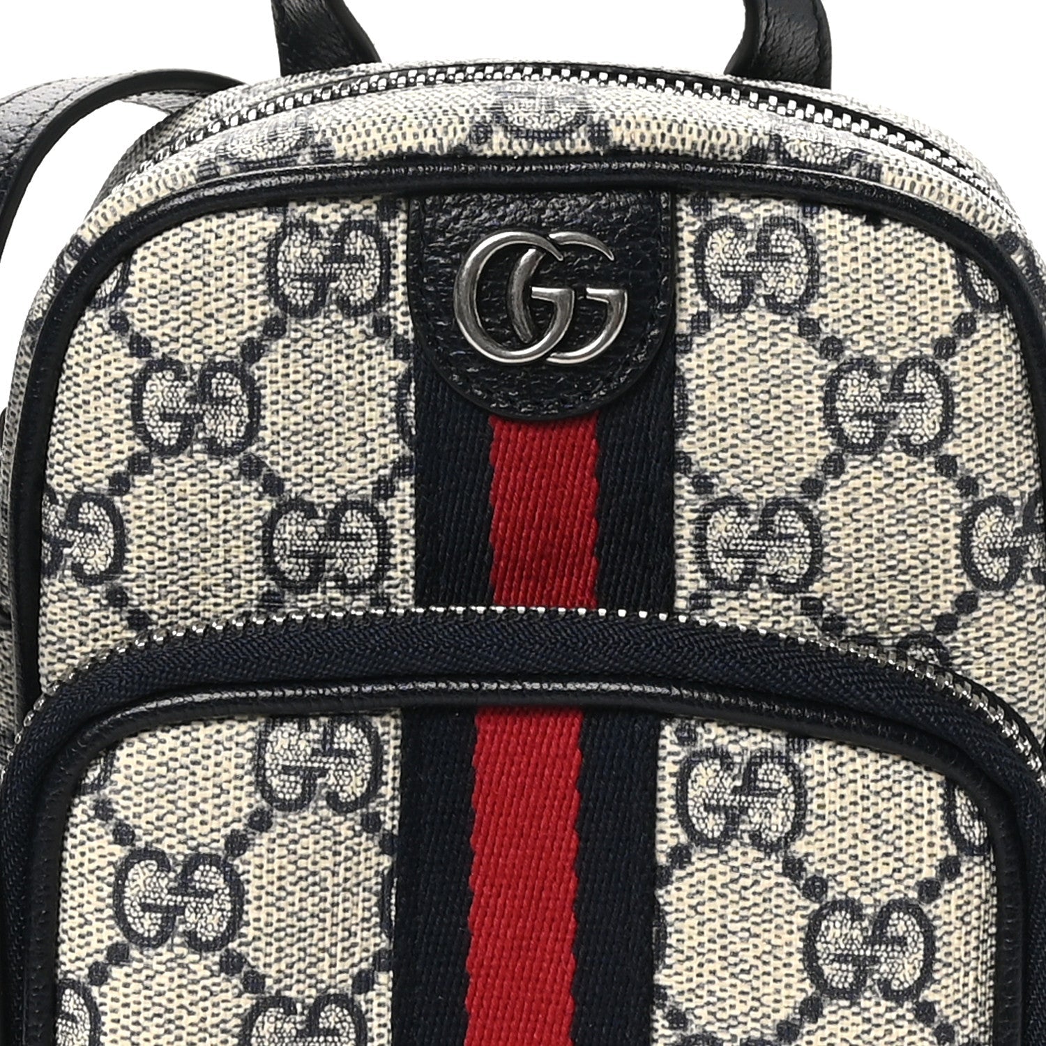 GG Supreme Monogram Textured Dollar Calfskin Web Mini Ophidia Double Zip Messenger Bag Beige Blue