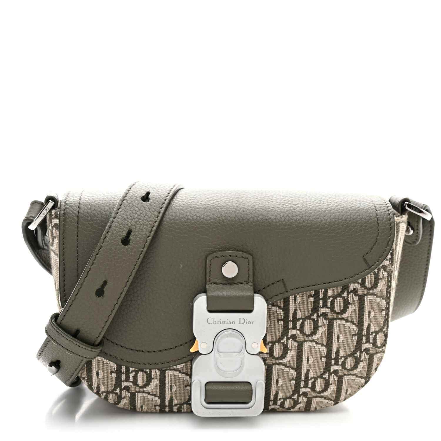 Oblique Jacquard Grained Calfskin Mini Saddle Messenger Bag With Flap Green