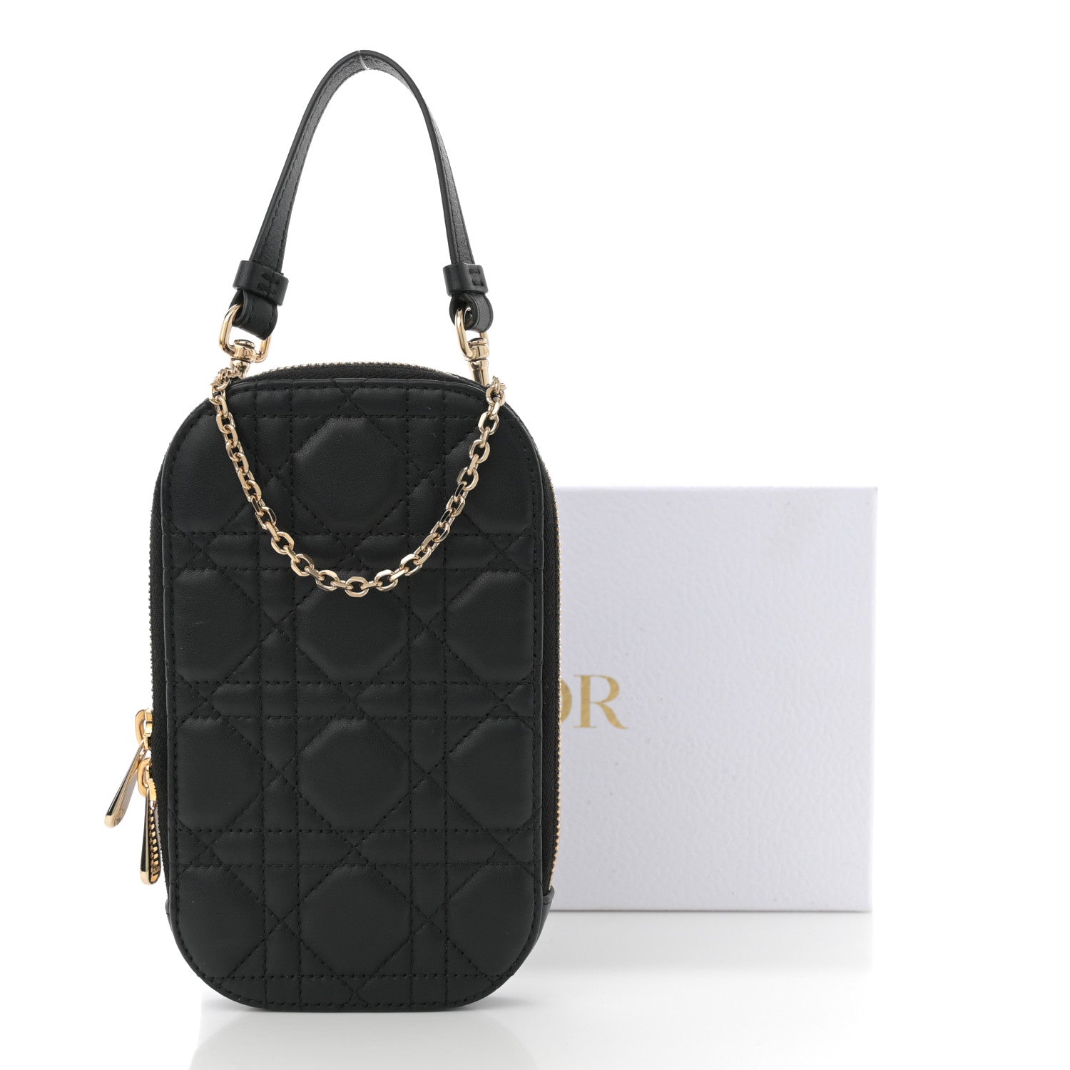 Lambskin Cannage Lady Dior Phone Holder Black