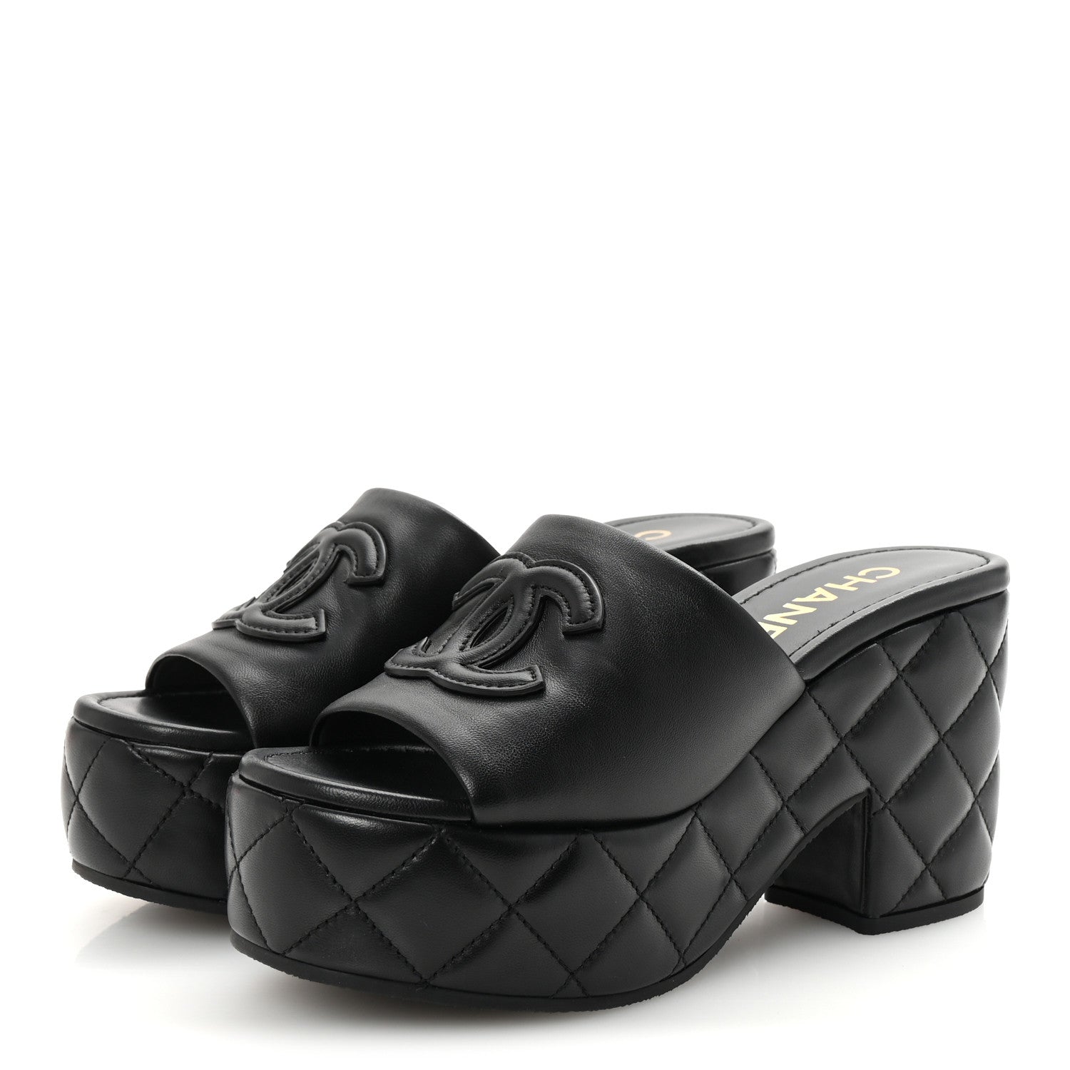 Lambskin Quilted CC Platform Mules 36 Black