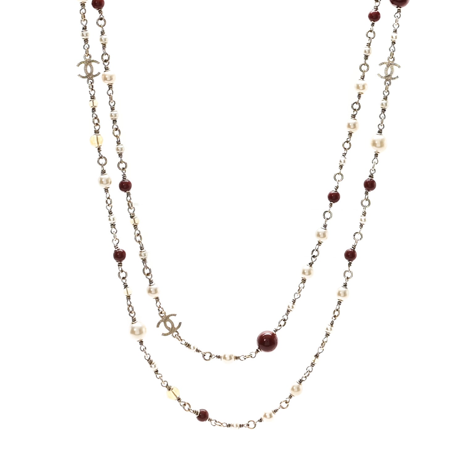 Pearl Bead Multi Strand CC Long Necklace Gold White Burgundy Yellow