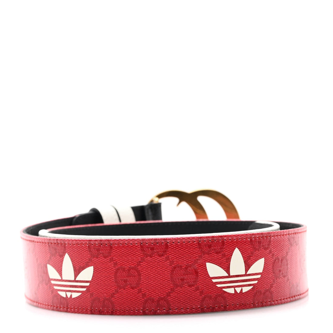 X ADIDAS Crystal Vintage Monogram Textured Dollar Calfskin Double G 40mm Belt 80 32 Hibiscus Red Off White Black
